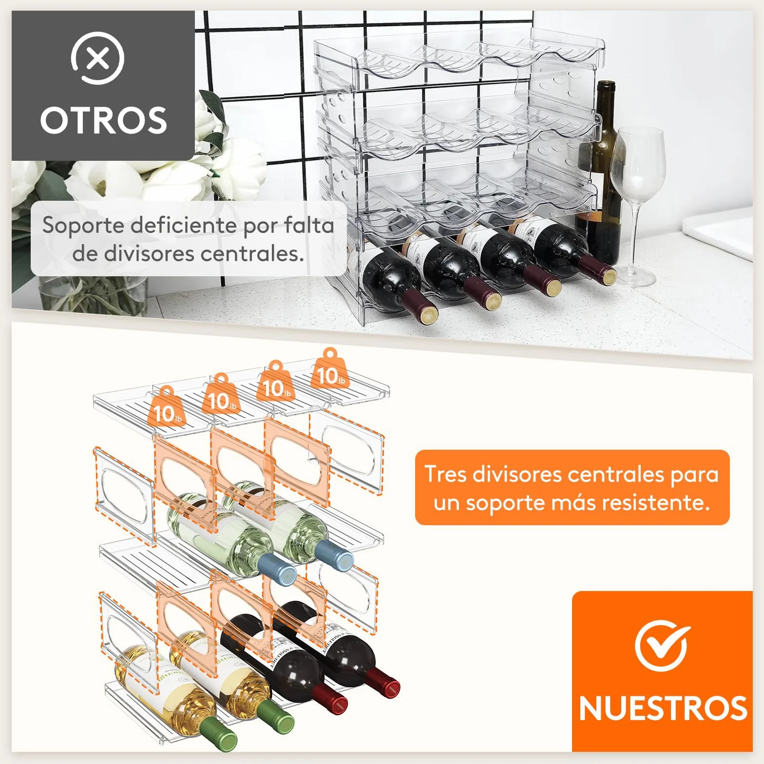 Lifewit Botellero Frigorifico para 12 Botellas, 3 Niveles Apilables Botellero para Vino, 42 x 20 x 23 cm Organizador Botellas