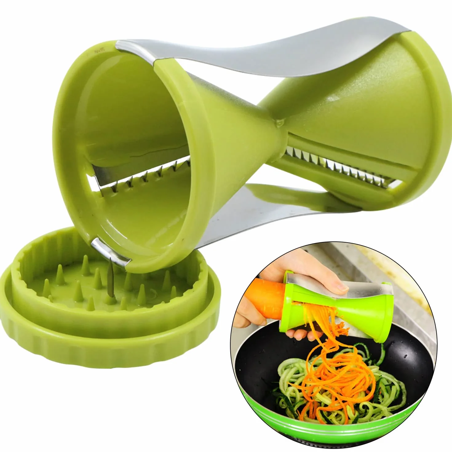Cortador de Verdura Espiralizador Rallador - Espiral Manual Pasta Calabacín, Pelador Acero Inoxidable para Fideos Vegetales, Zanahoria, Pepino, Patata, Calabaza, Espárragos, Verde,1 Pieza