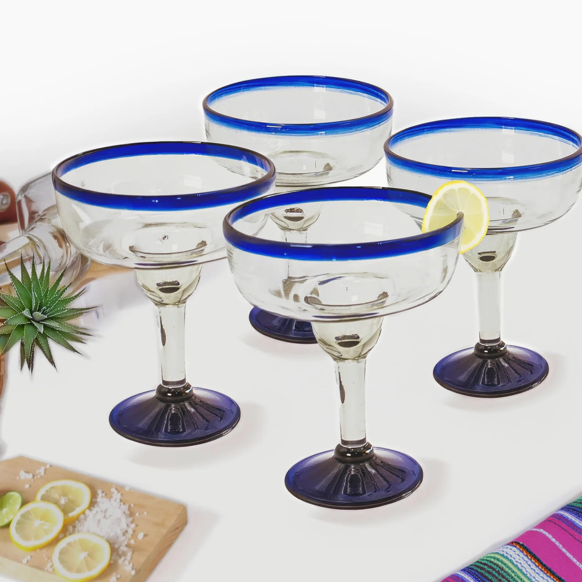 Vasos grandes de margarita mexicana soplados a mano, auténtico cristal hecho a mano de México, borde azul cobalto, juego de fiesta, perfecto para margaritas, piña coladas, cócteles congelados u otras