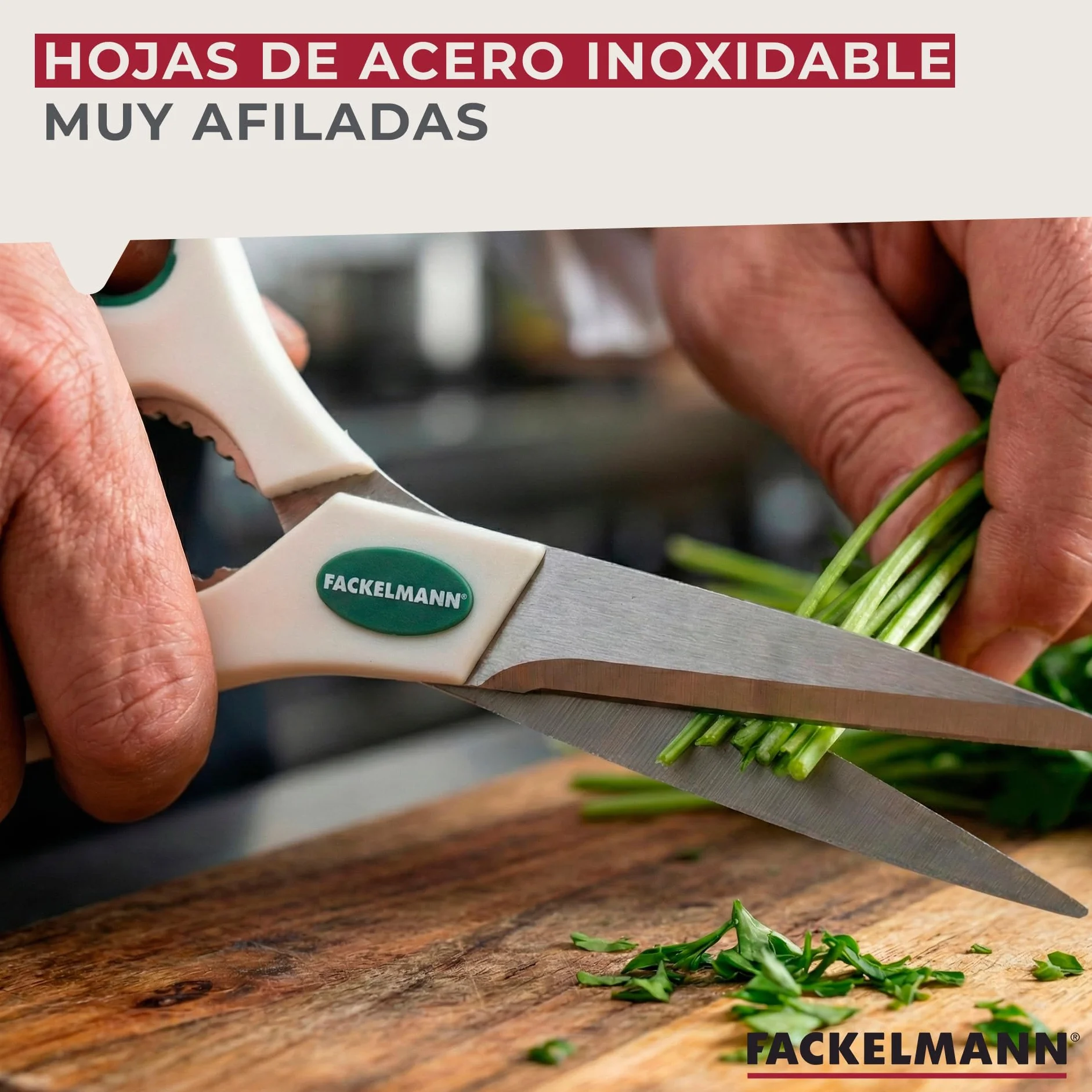 Fackelmann Tijeras Cocina Multifunción de gran tamaño Acero Inoxidable, Polipropileno y Goma, Color Blanco, 22 cm