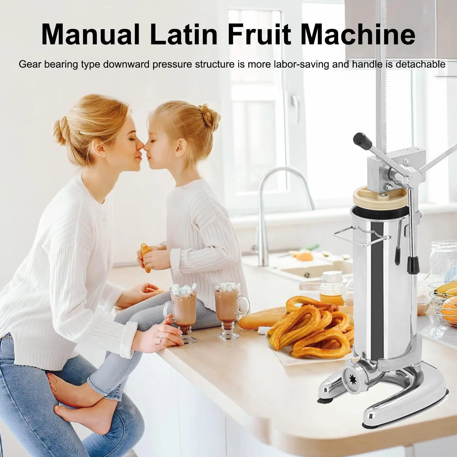 Máquina para Hacer Churros Manual, Máquina para Hacer Rellenos de Churros, Máquina para Hacer Churros de Rosquillas Españolas Manual Comercial de 3L, 5 Tipos de Moldes