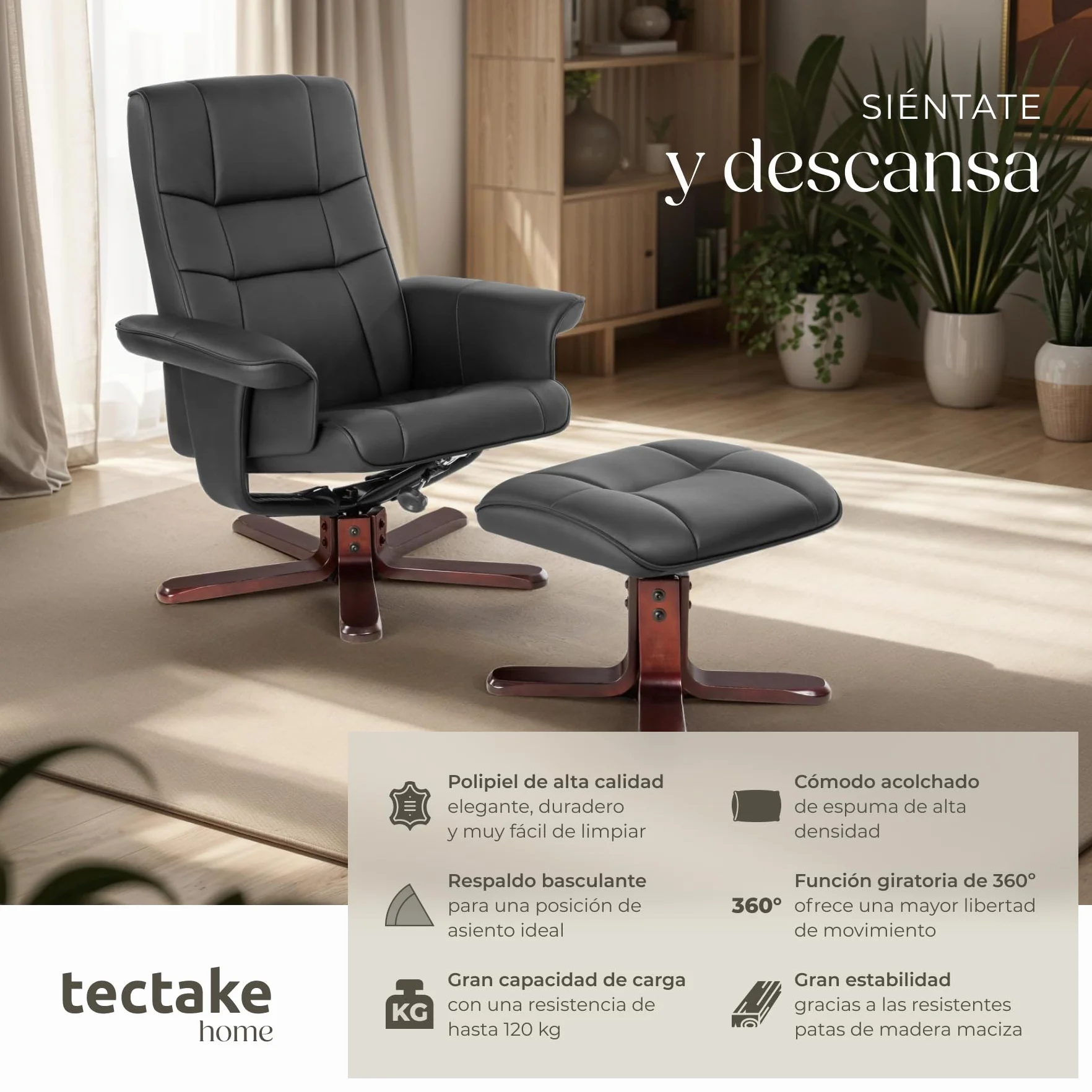 tectake® sillón Relax reclinable con Taburete, Respaldo oscilante y 360° Giratorio, cómodo Acolchado con Funda de Cuero sintético, Ideal para salón, Dormitorio o Lectura - Negro/Marrón