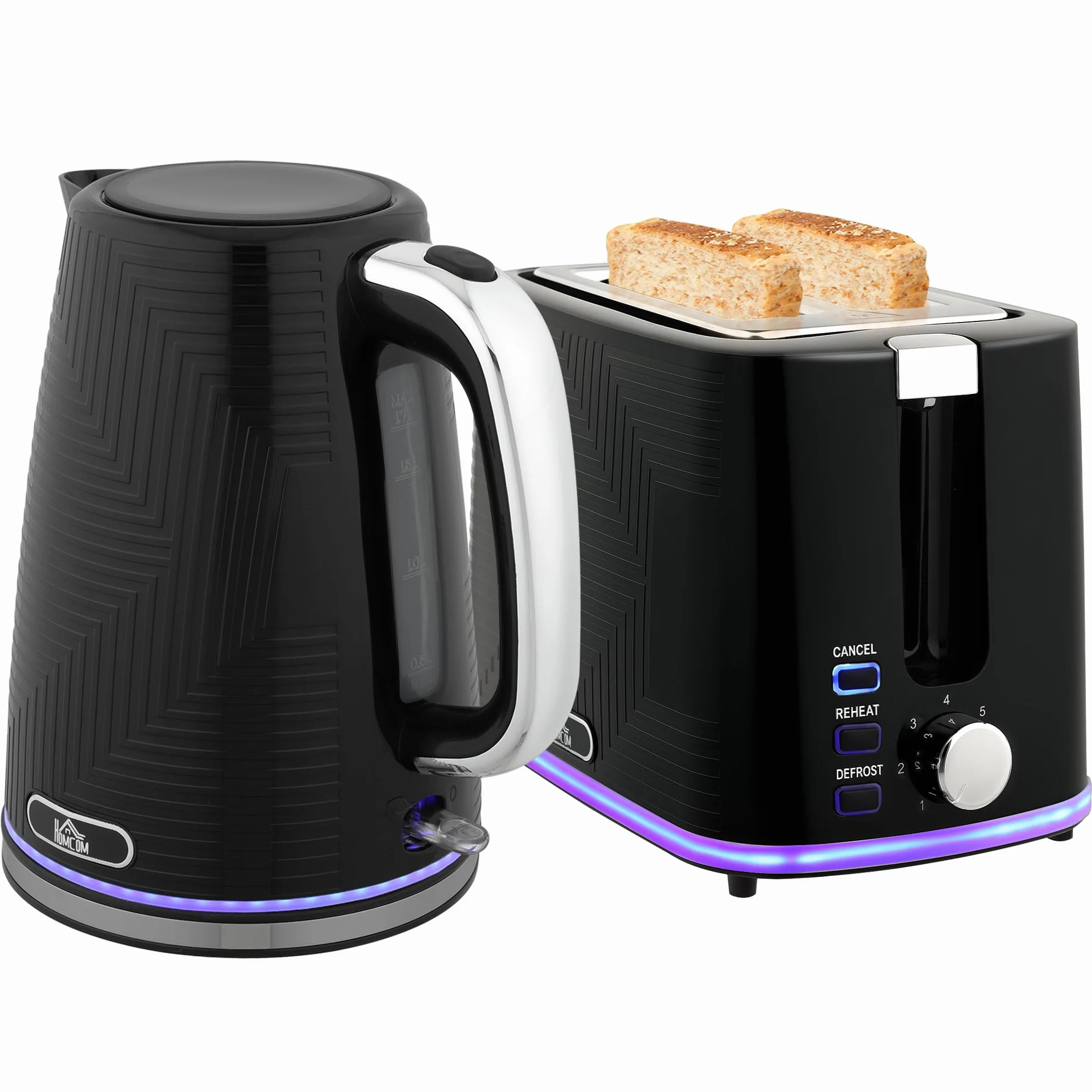 HOMCOM Set Tostador Hervidor Acero Inoxidable 1.7L Tostador 2 Discos 2200W Set Desayuno con Termostato Otter, 7 Niveles de Dorado, Descongelar, Recalentar, Bandeja recogemigas, Filtro antical Negro