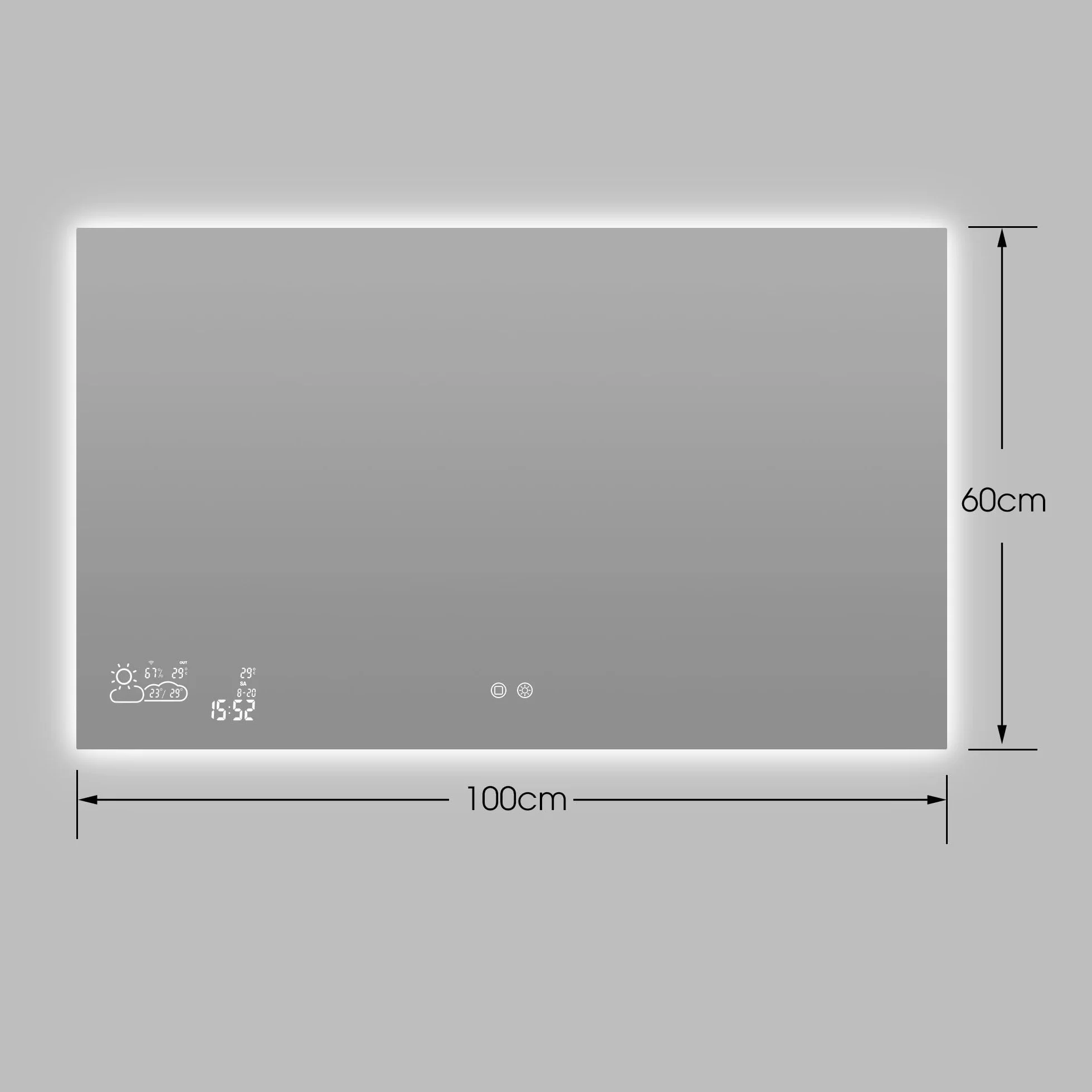byecold Espejo de baño con iluminación LED 100x60 cm, Calefacción con estación meteorológica, WiFi, Espejo de baño, Calefacción con Interruptor táctil, Horizontal