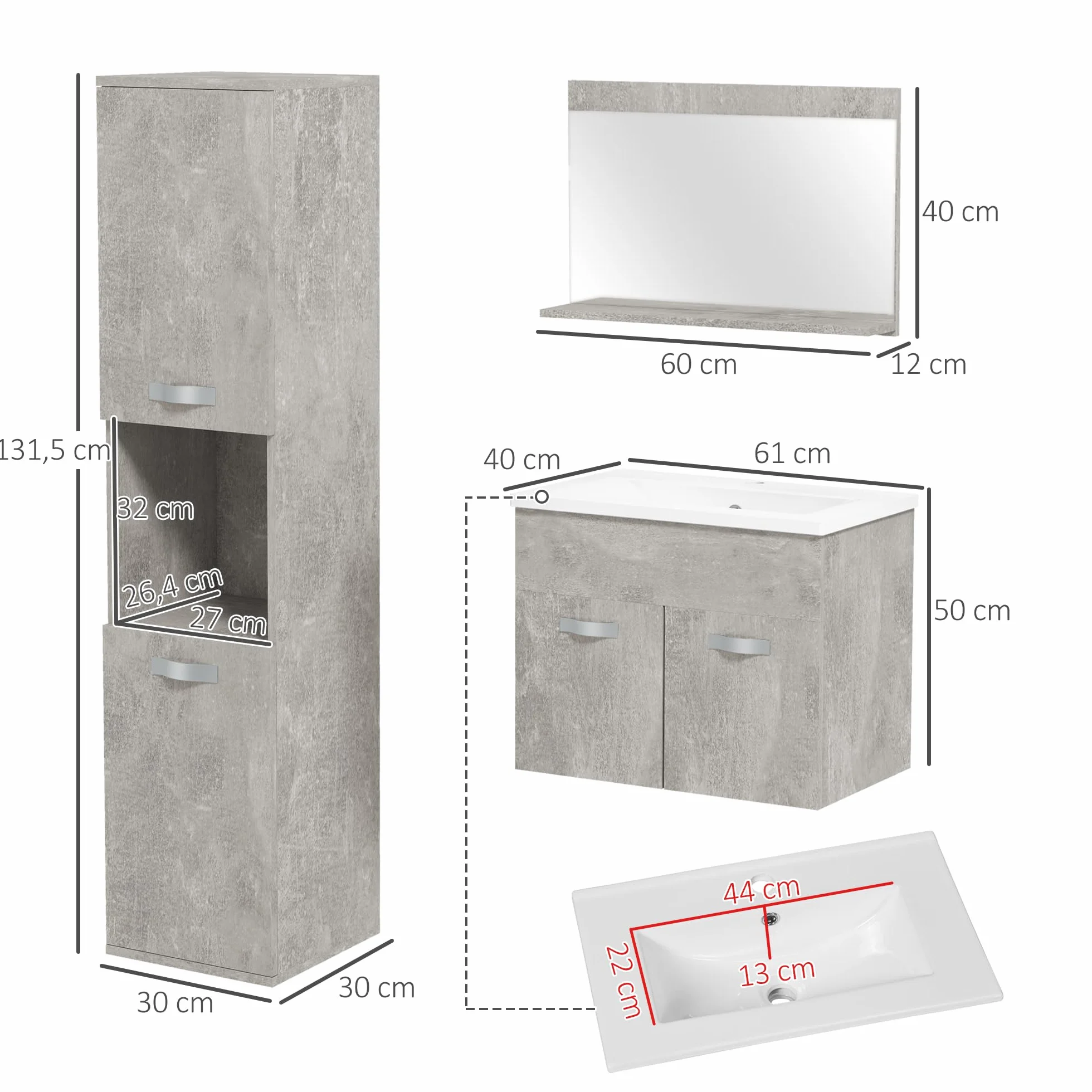kleankin Conjunto de Muebles de Baño de Pared de 3 Piezas, Incluye Espejo, Mueble de Baño con Lavabo Cerámico, Armario Alto con Estantes Ajustables, Estilo Moderno, Gris
