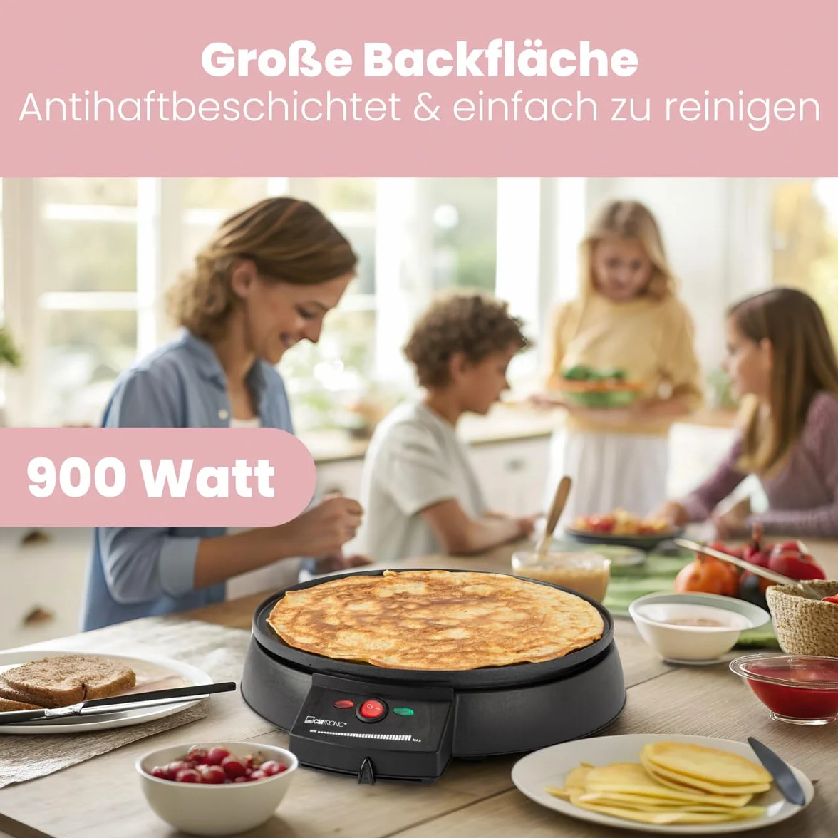 Clatronic Crepes/Wraps/Panqueque Maker con Ø 29cm, incl. Dispensador de masa y revestimiento antiadherente superficie, termostato ajustable continuo y backampel - Panqueque Maker con 900W - CM 3372