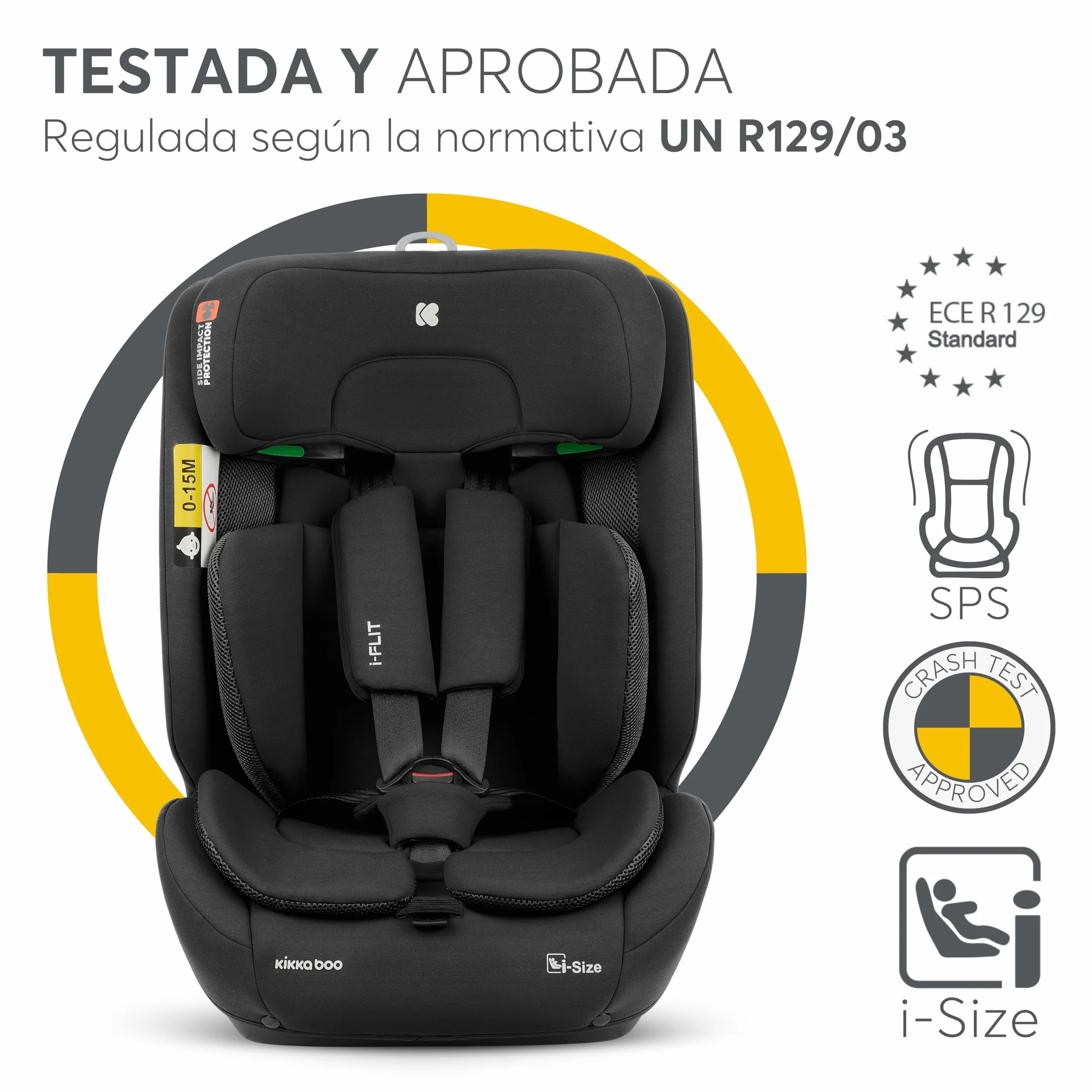 KikkaBoo Silla de Coche Bebe ISOFIX Grupo 1 2 3 (9-36 kg) i-FLIT, de 15 Meses a 12 Años, Seguridad SPS, Reposacabezas Ajustable, Top Tether, 12 Posiciones Reposacabezas, Negro