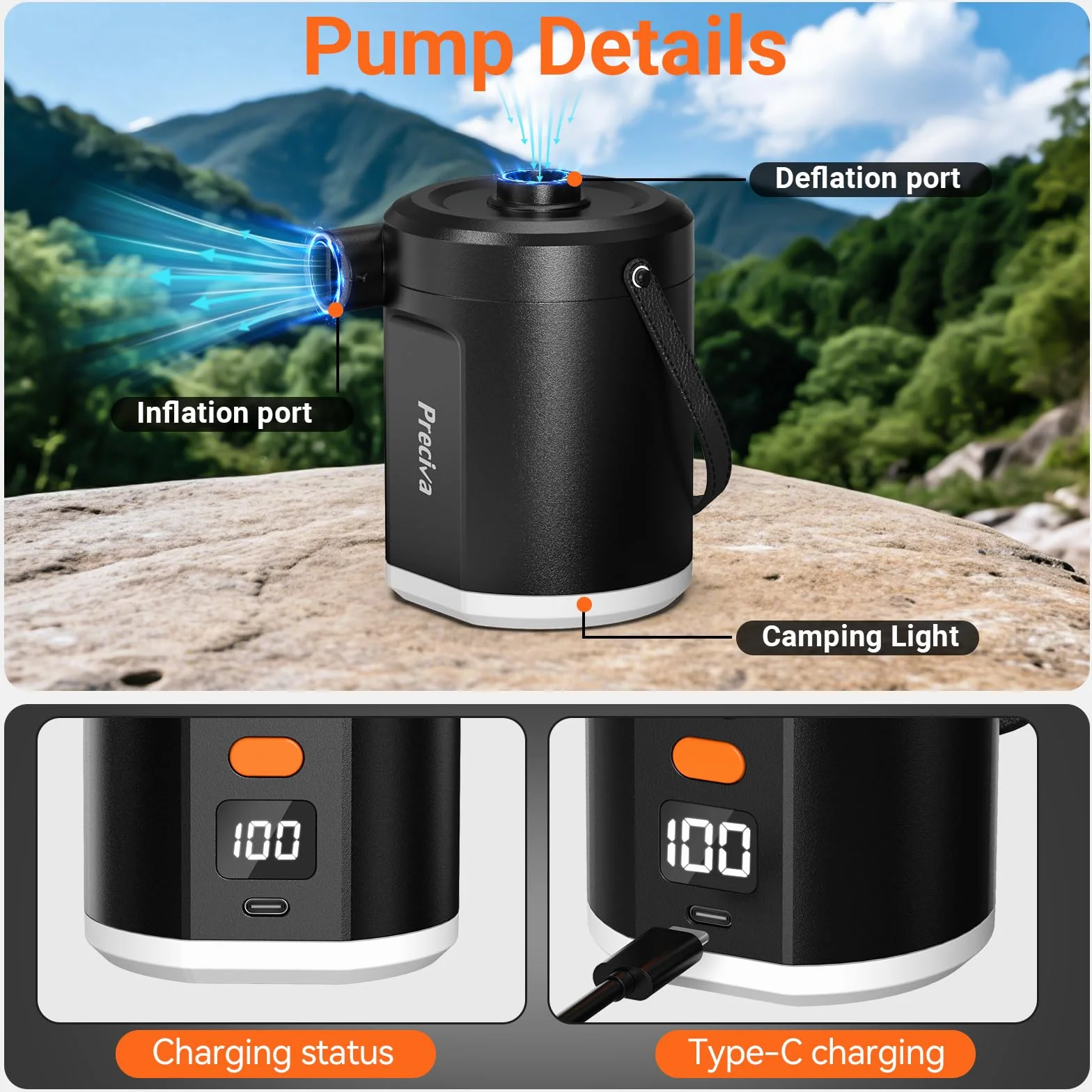 Preciva Bomba de Aire Eléctrica 5000mAh Inflador Colchón Hinchable Inflado/Desinflado Rápido con 3 Boquillas y Luz