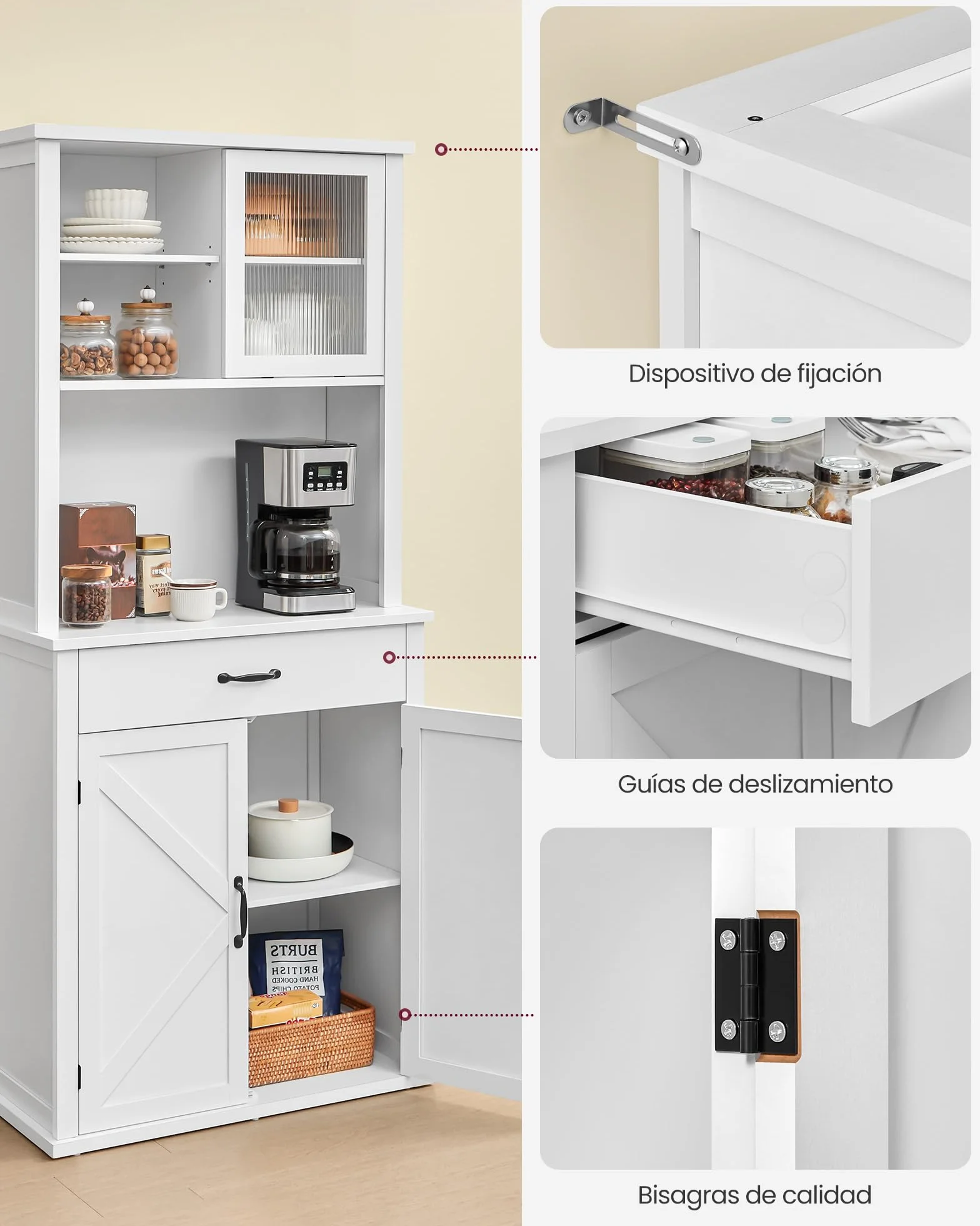 VASAGLE Armario con Luces y Cargador, Armario de Cocina, con Puertas y Cajones, 39,5 x 80,4 x 180,6 cm, Estantes Ajustables, Estilo Rústico, Blanco Nube BBK363W21