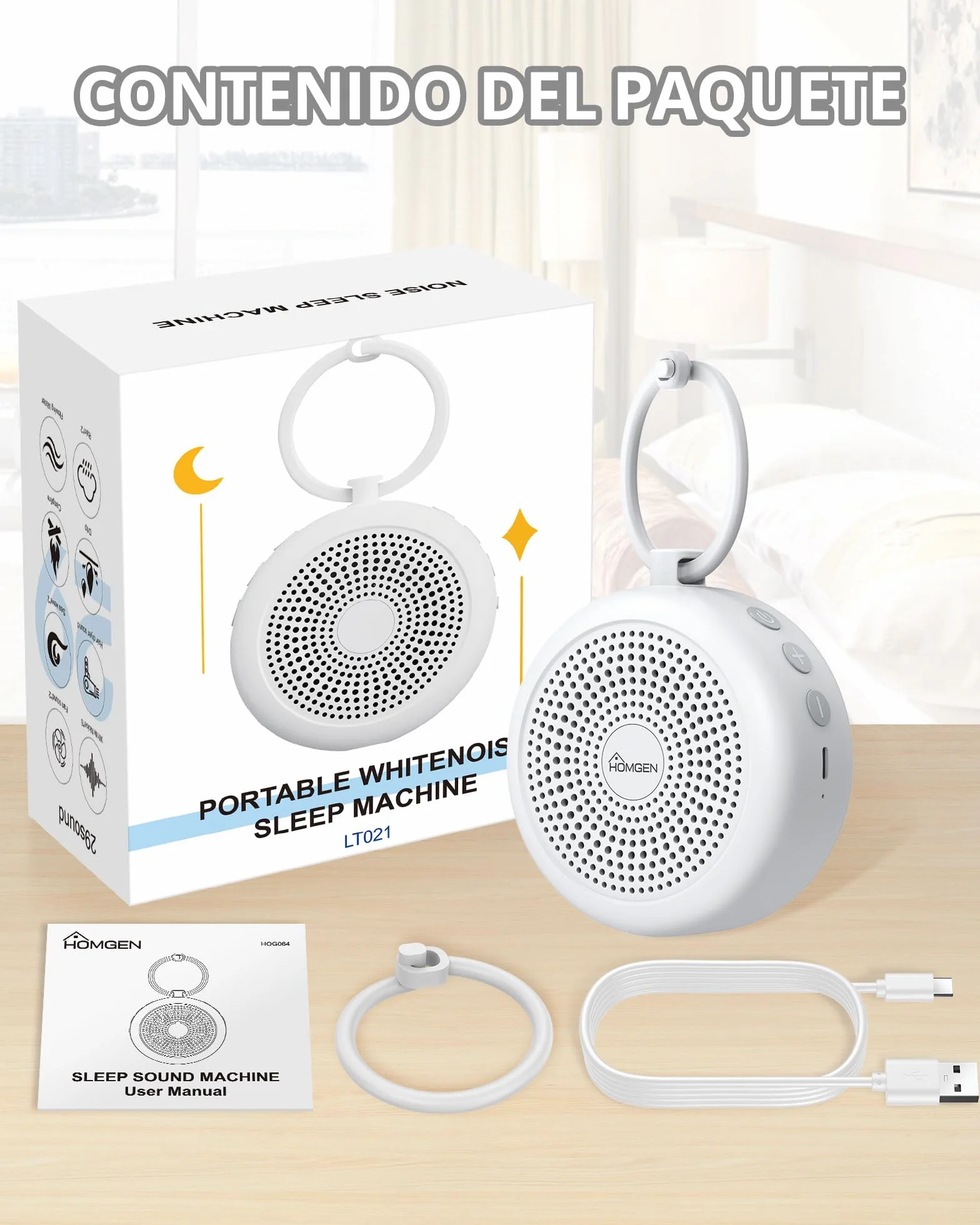 HOMGEN Máquina de Ruido Blanco 24 Sonidos Relajantes Luz Nocturna Multicolor Temporizador Recargable USB-C Ayuda para Dormir Antillanto Bebés Niños Adultos