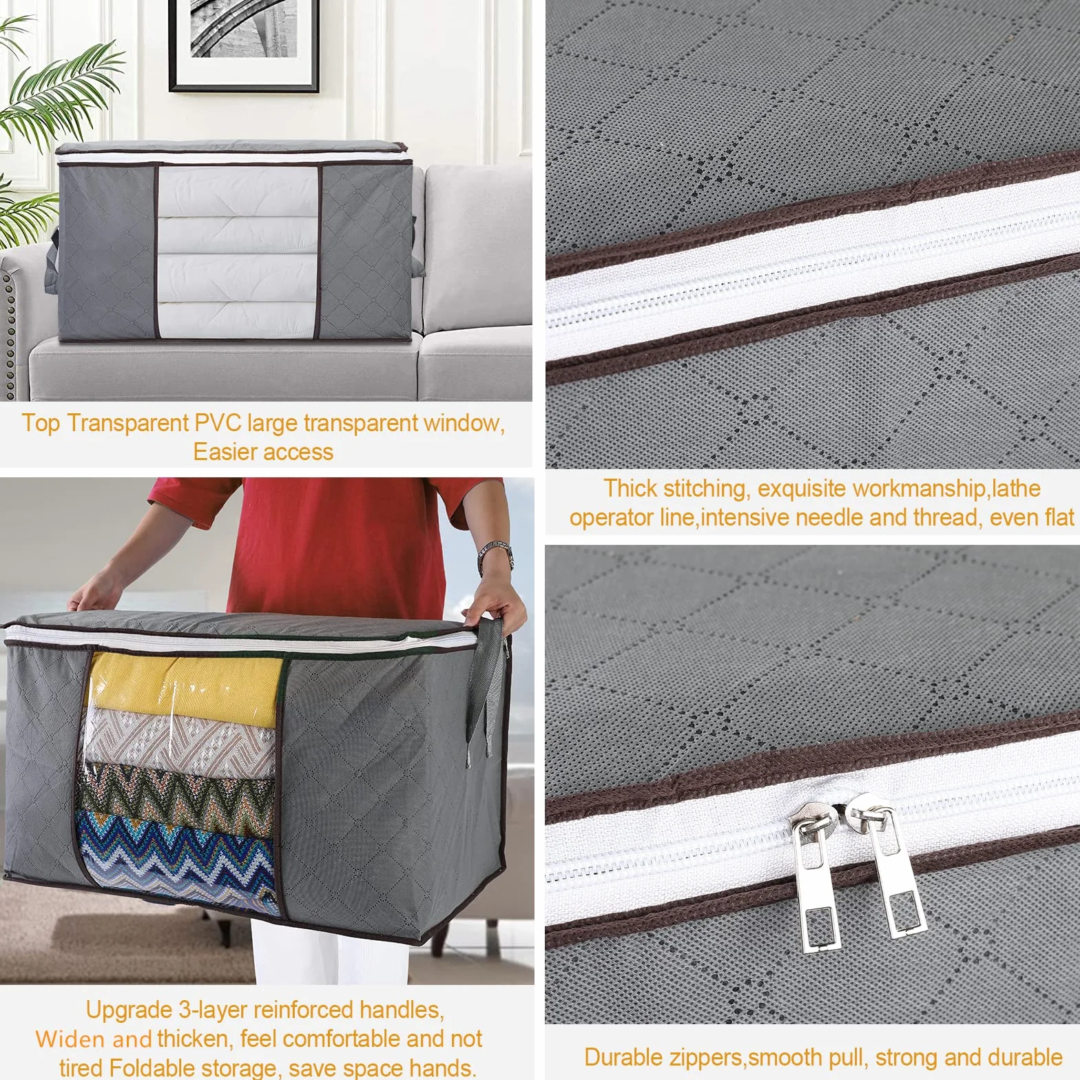 AiQInu Cajas Almacenaje Ropa, 2PCS 90L Plegable Bolsa Almacenamiento de Ropa de Gran Capacidad, Bolsas para Guardar Ropa con asa reforzada para Edredones, Ropa de Cama, 60x44x35CM
