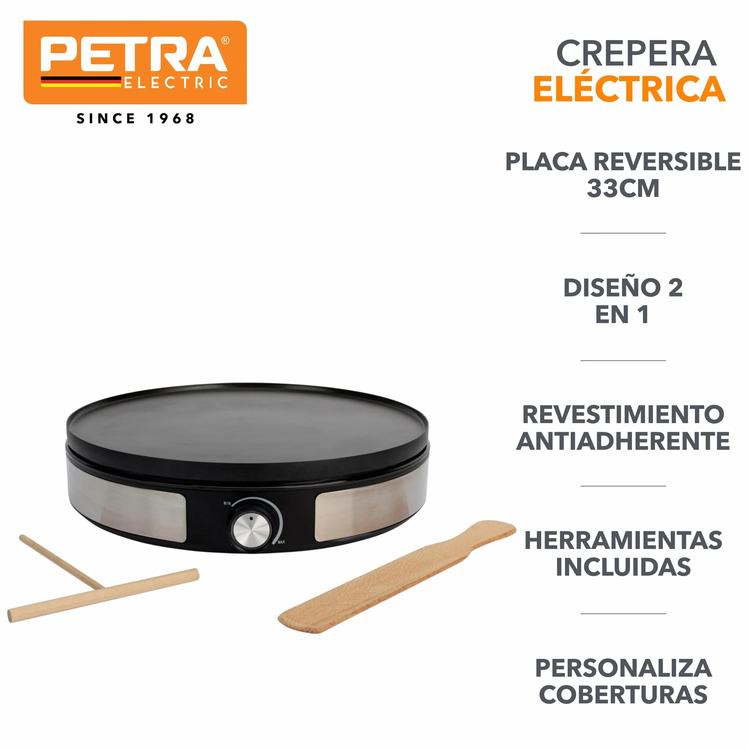 Petra 2 en 1 Crepera – Máquina para Panqueques, Haga 1 Crepe Grande o 7 Mini Panqueques, Plato de 33 cm, Antiadherente, Herramienta para Crepes de Madera y Espátula Incluida, 1500W, PT6225VDE