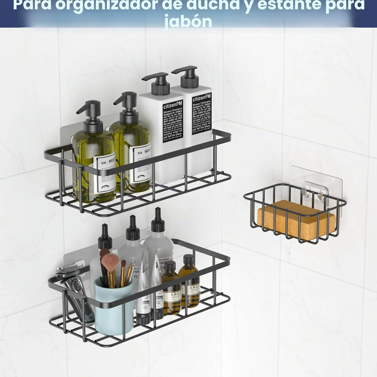 5 Piezas Ganchos Adhesivos para Estantes Ducha, Ganchos Adhesivos para Estanterias, Adhesivos Estanteria Baño, Gancho para Cesta Ducha (Adecuado para colgar tiras de metal)