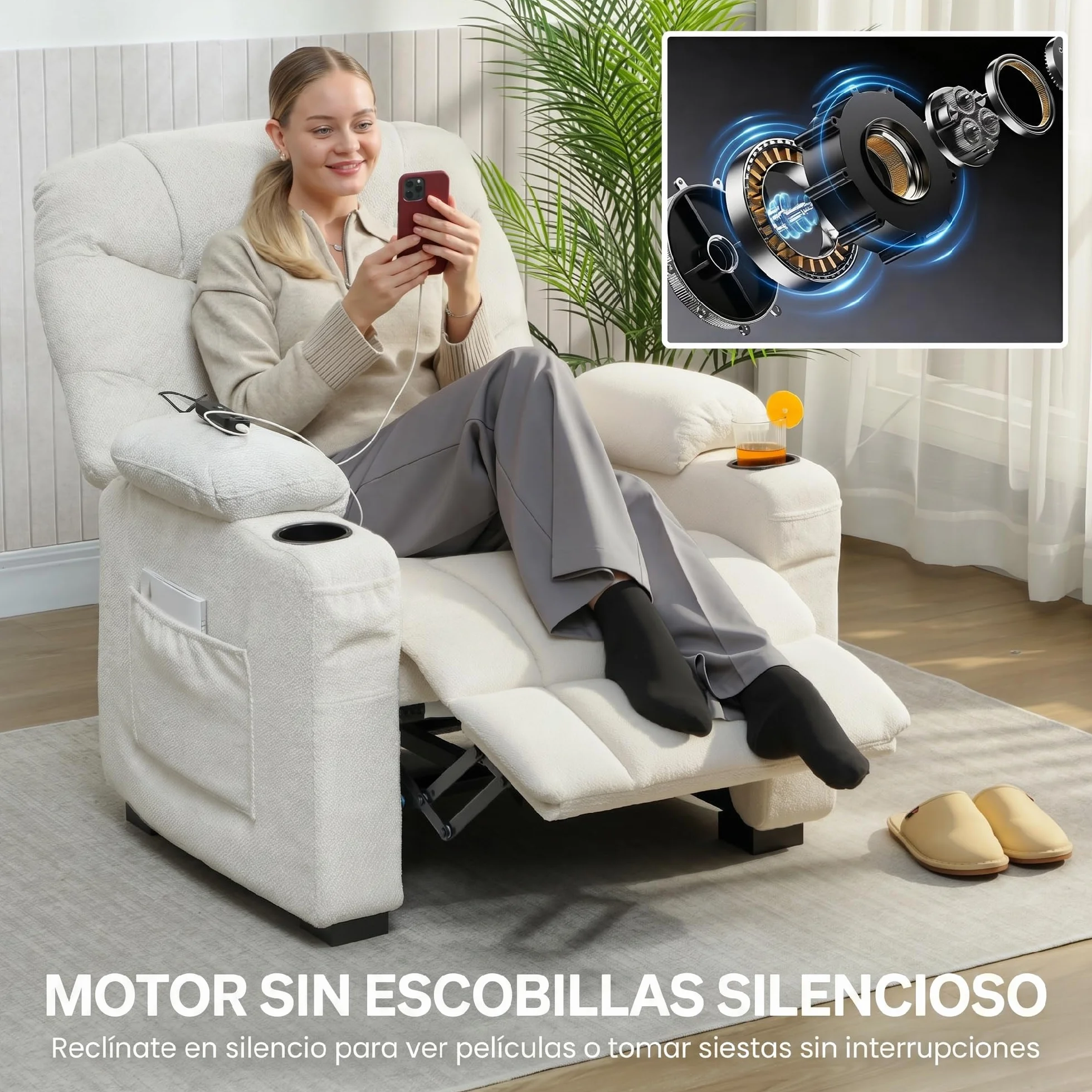 HOMCOM Sillón Relax Reclinable Eléctrico, Sillón Reclinable Silencioso con Función Memoria, Reposapiés, Mando a Distancia, Bolsillos Laterales, Portavasos y Puerto USB, para Dormitorio, Salón, Crema