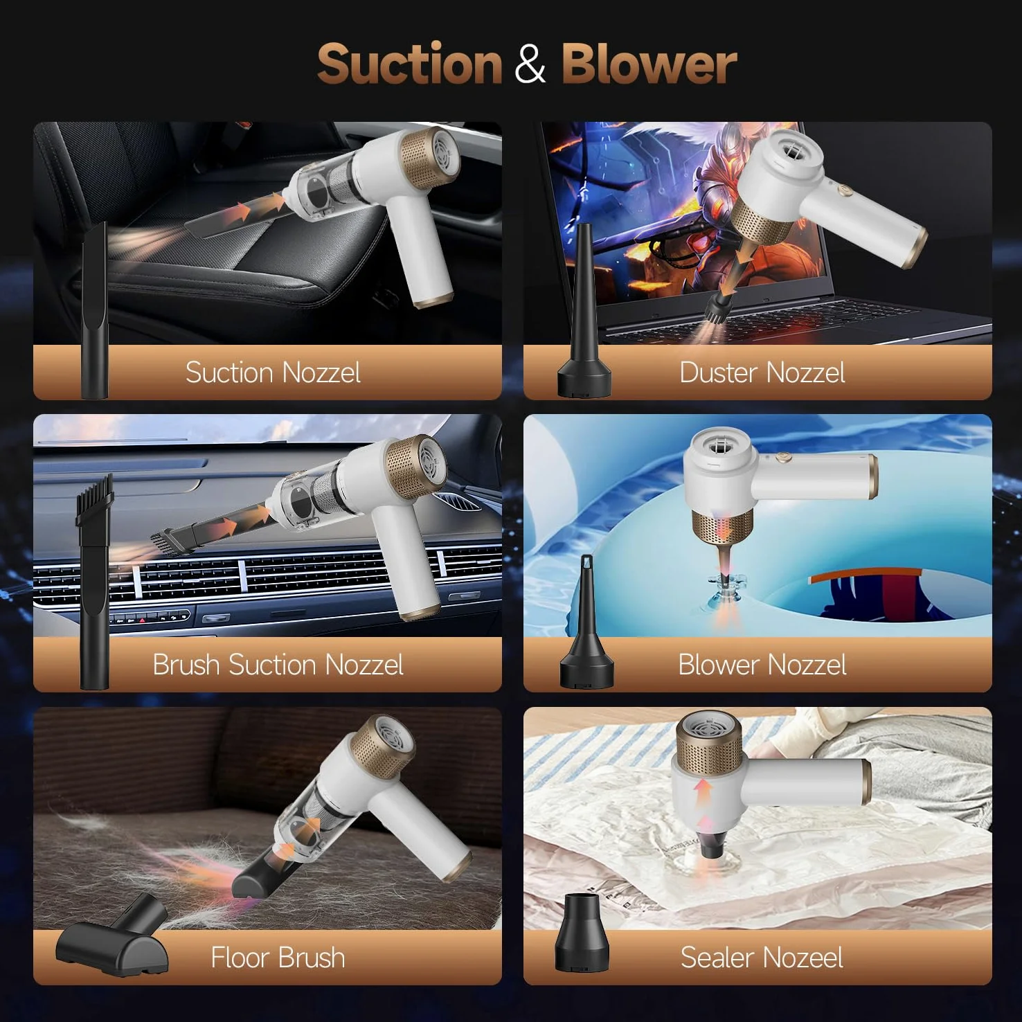 Vizeusvac 16000PA Mini Auto Aspiradora Inalámbrica Potente 7 en 1 Aspiradora de Mano Portátil Inalámbrica con Luz LED Doble Filtro One Touch Vacío Pelo de Animal para Hogar Oficina