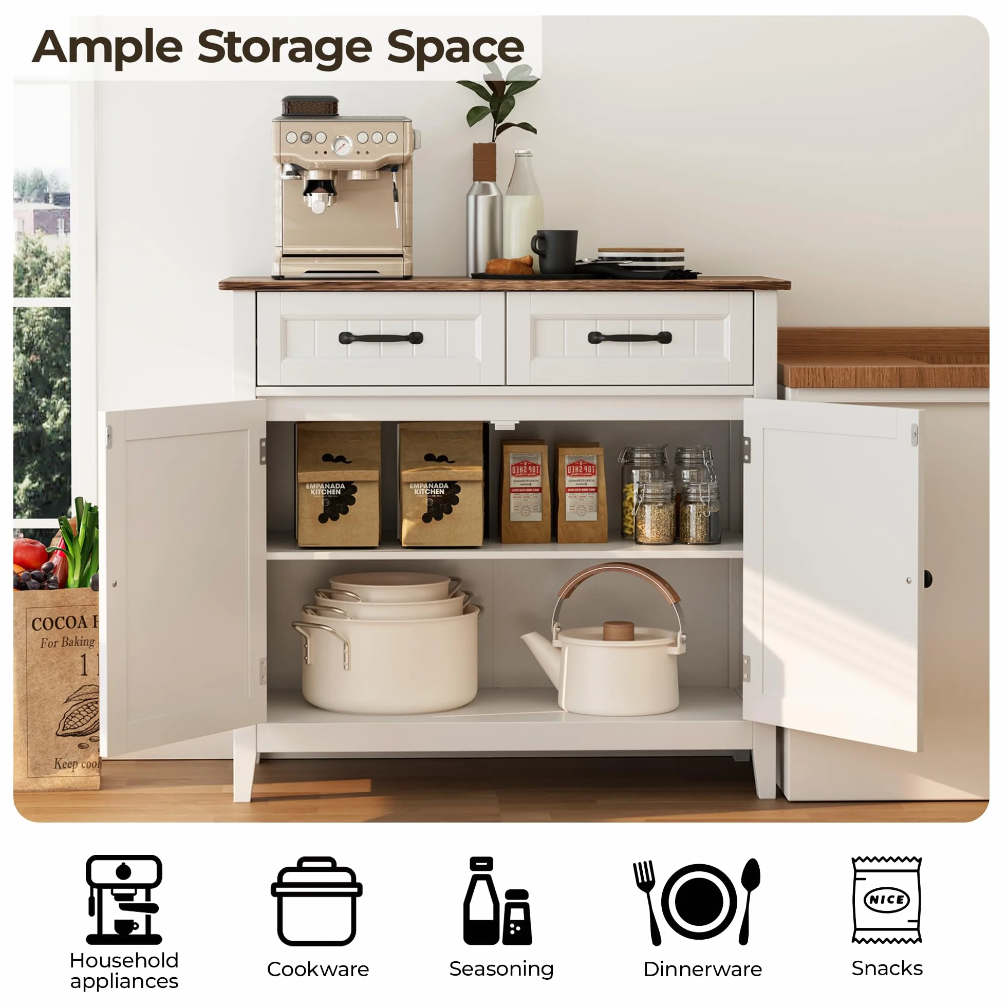 Aparador de Cocina, Aparador Auxiliar con 2 Cajones y 2 Puertas para Cocina, Comedor y Sala, 90×40×82 cm (Retro)