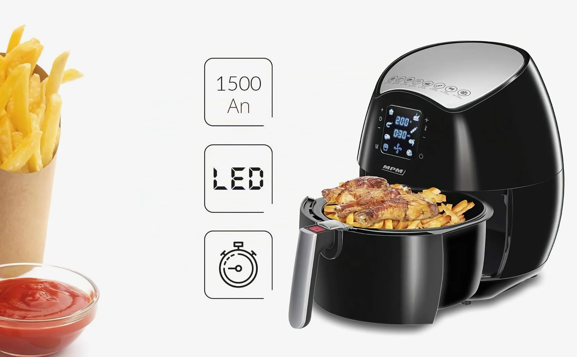 MPM MFR-06 Freidora de Aire sin Aceite, 4.5L, Pantalla Digital, Táctil, Airfryer con 8 Modos Preestablecidos, Temporizador y Temperatura Ajustable, Cocina Saludable, sin BPA, 1500W