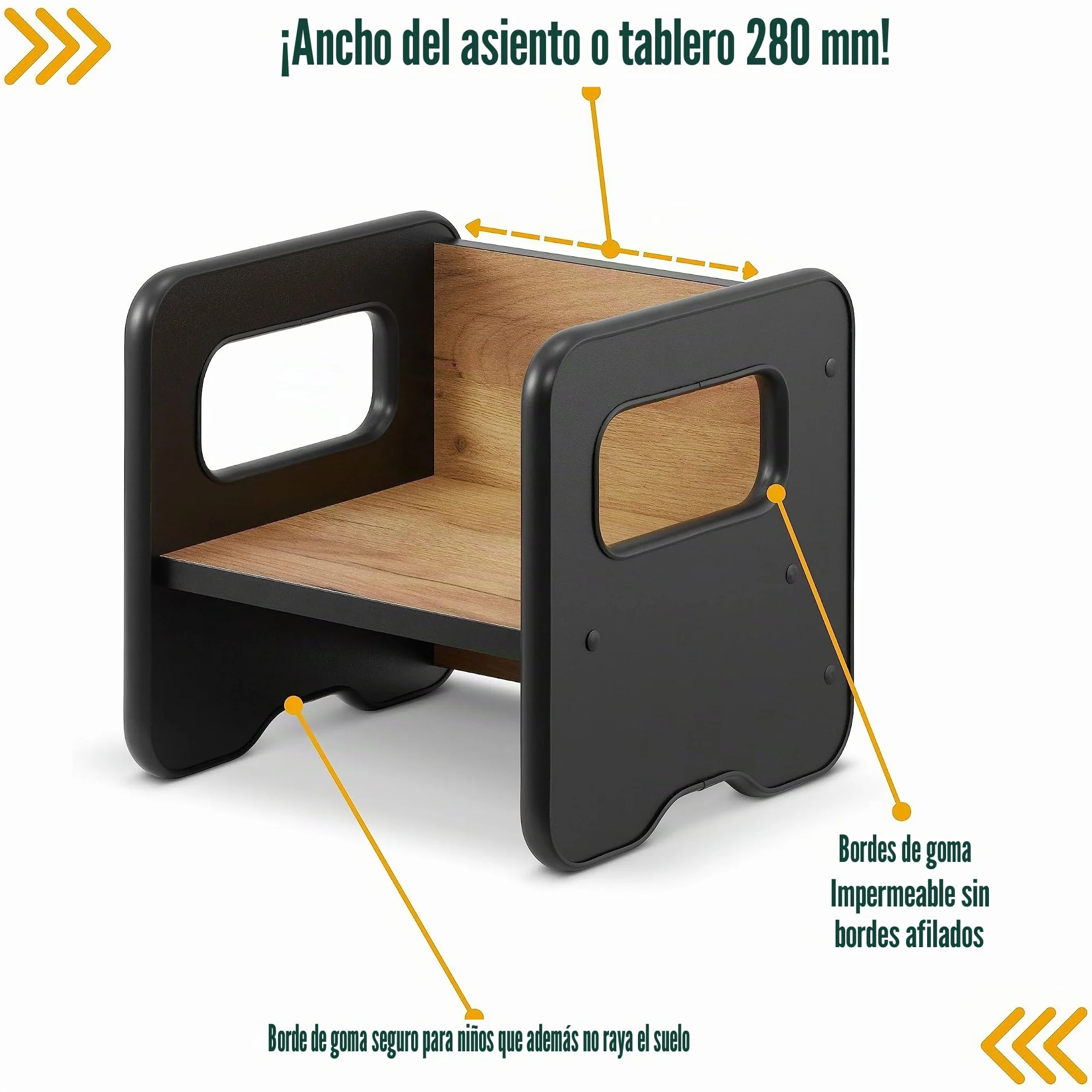 Taburete infantil de madera doble cara convertible en mesa - Negro y Roble