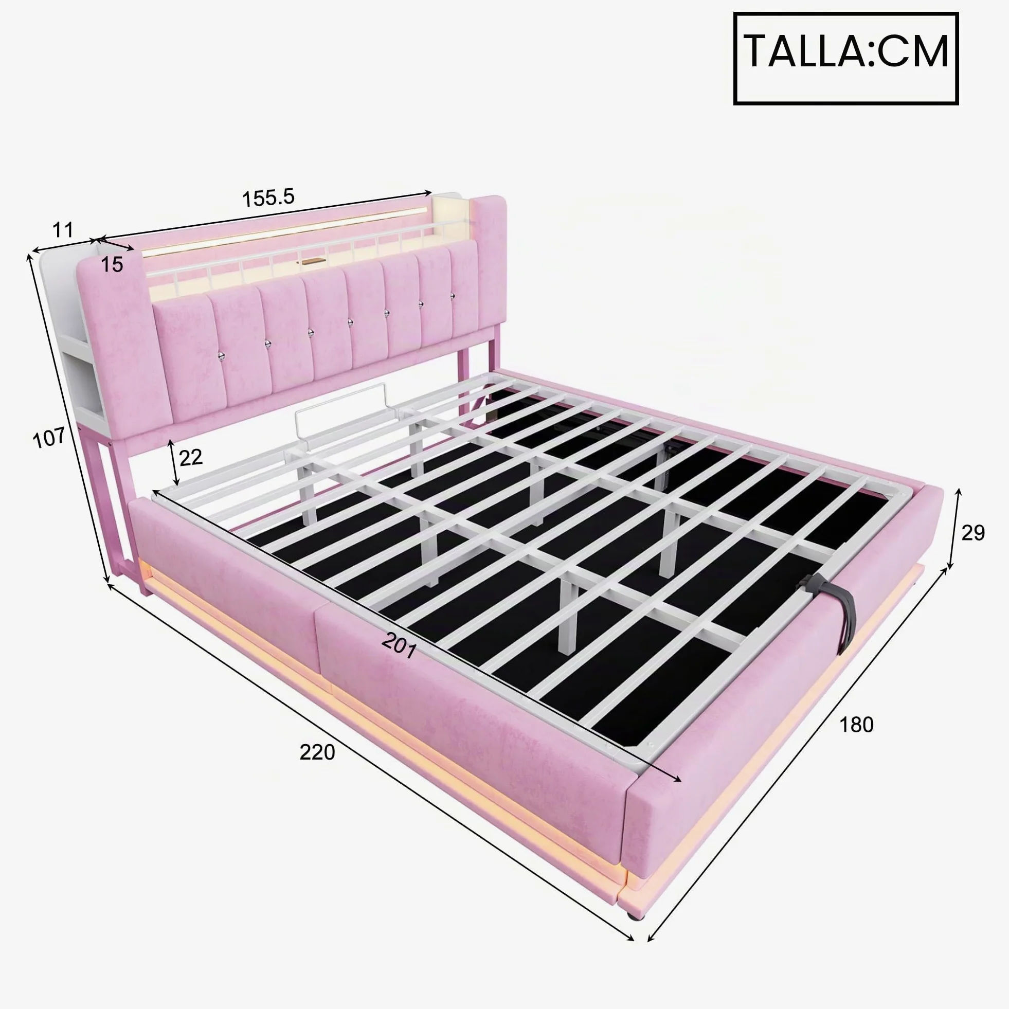 Kebnor Cama tapizada inteligente con iluminación LED, USB y almacenamiento hidráulico, funda de terciopelo suave y marco de metal (rosa, 180 x 200 cm)