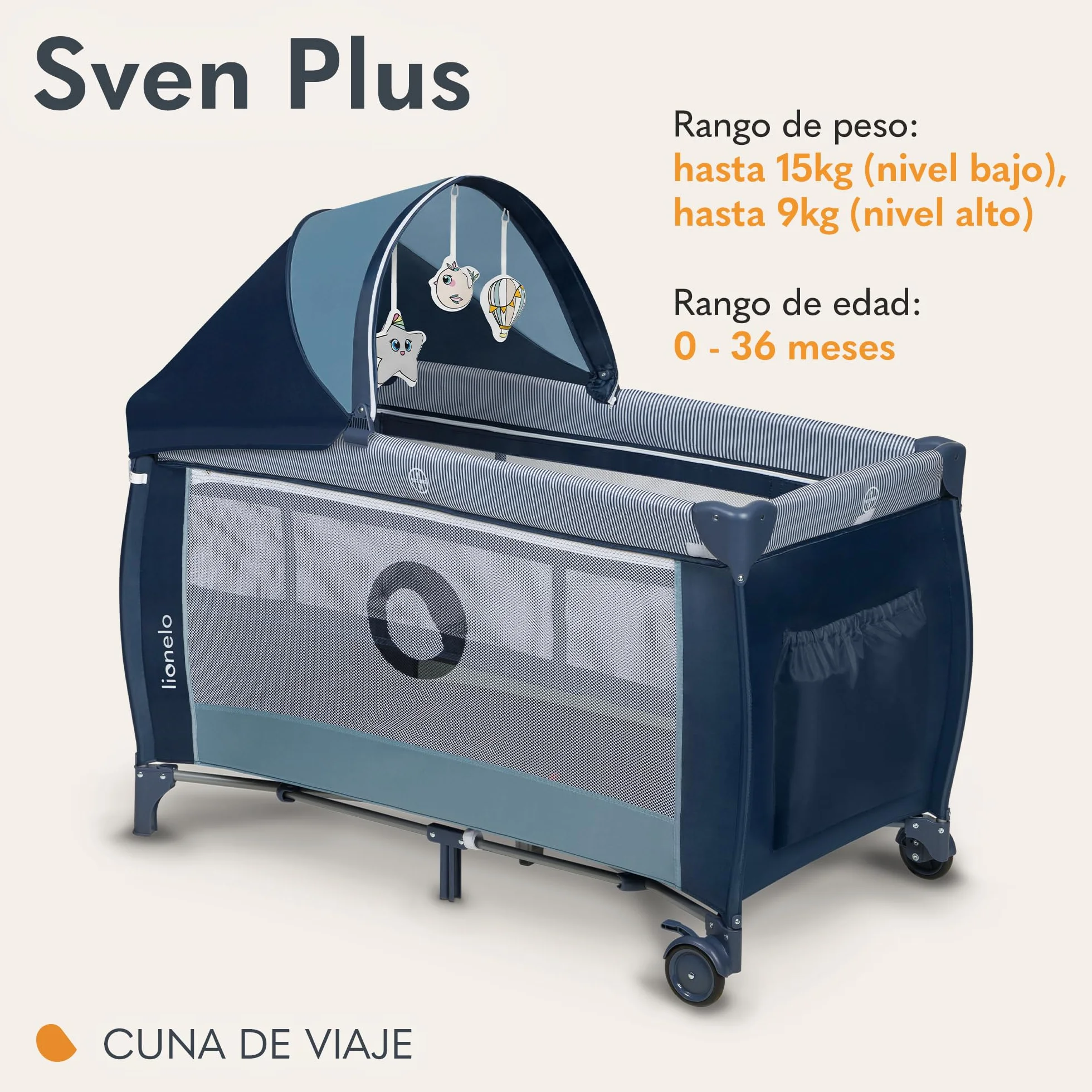 lionelo Sven Plus Cuna de Viaje para bebés 0-36M para niños hasta 15 kg Función de Cambiador Mosquitero Apertura Lateral con Cremallera Ajuste de Altura (Azul Oscuro)