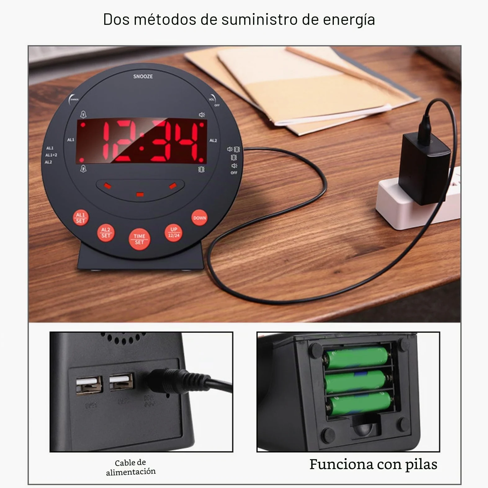 Reloj Despertador con Vibración Extra Fuerte de 110 DB Reloj Despertador con Luz de Alarma Roja Reloj Digital con Pantalla Grande para Personas Sordas con Problemas de Audición