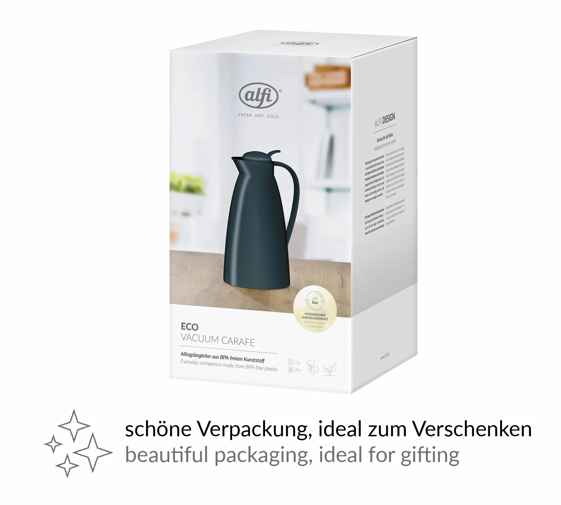 alfi Eco 1,0 l, Jarra isotérmica con inserción higiénica de Vidrio Duro de plástico, tapón de Rosca con cómodo pulsador, vertido con una Mano, Ideal como Jarra de café, Jarra de té, sin BPA