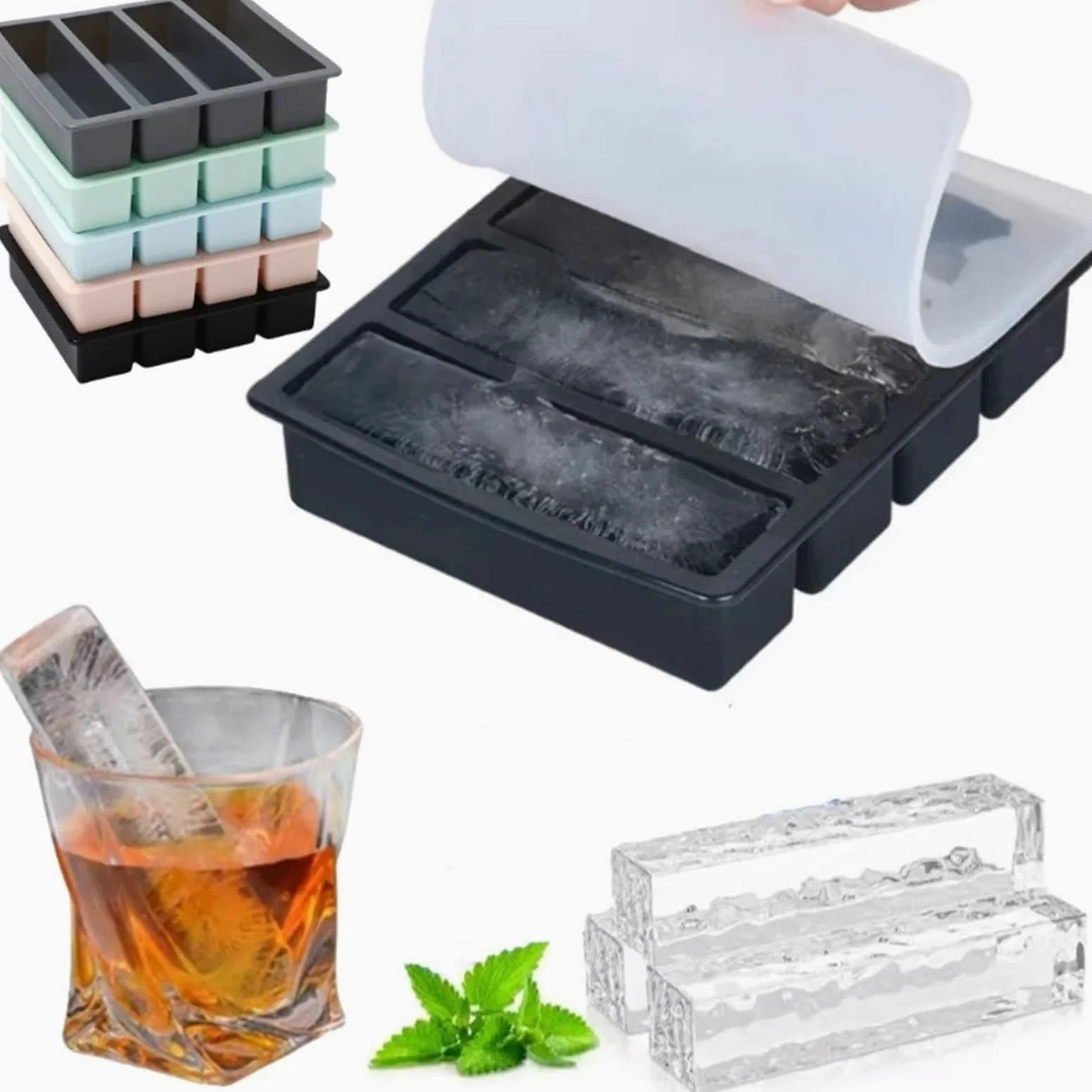 Cubiteras Para Hielo Cubitos de hielo gigantes de silicona de 4 rejillas, bandeja cuadrada de tiras largas, molde duradero for vino, whisky, utensilios de bar y cócteles.(4-color 4pcs)