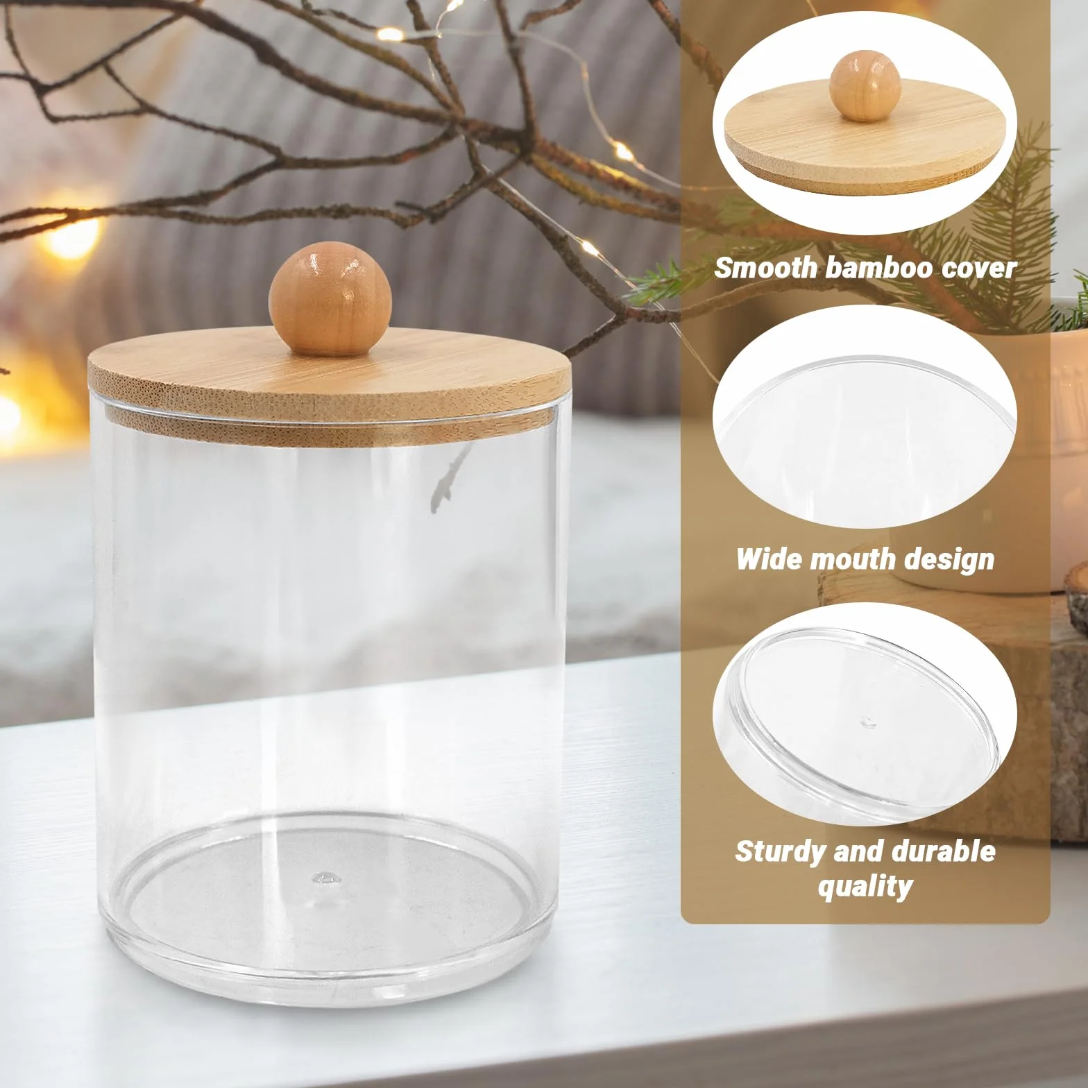 4 recipientes de algodón acrílico para guardar almohadillas de algodón con tapas de bambú Qtip, caja para huevos de belleza, hilo dental, tampón, caramelos, artículos de papelería, joyas