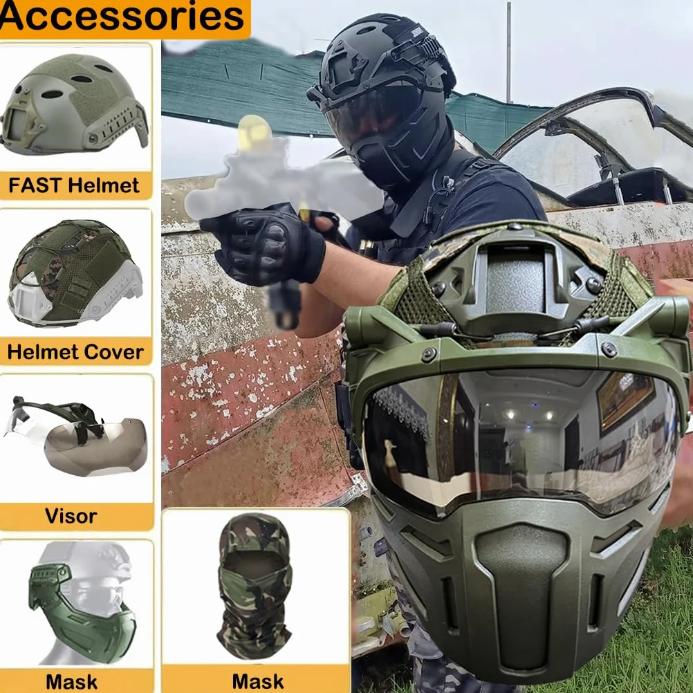 Set de Casco Táctico Fast Casco de Airsoft Ajustable con Cubre Máscara y Gafas Equipo Táctico Ligero de Aire Libre para Paintball CS Caza Airsoft Entrenamiento B