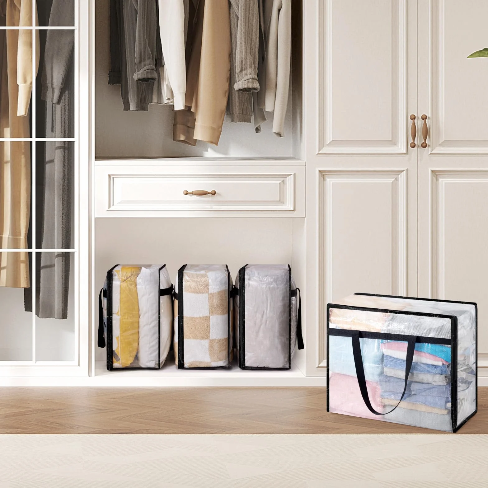 Lifewit Bolsas de Almacenaje de Ropa 40L en PP, Organizador de Armario Plegable Transparente con Asas Reforzadas, Cajas de Mudanza para Mantas, Edredones y Juguetes, 3 Piezas