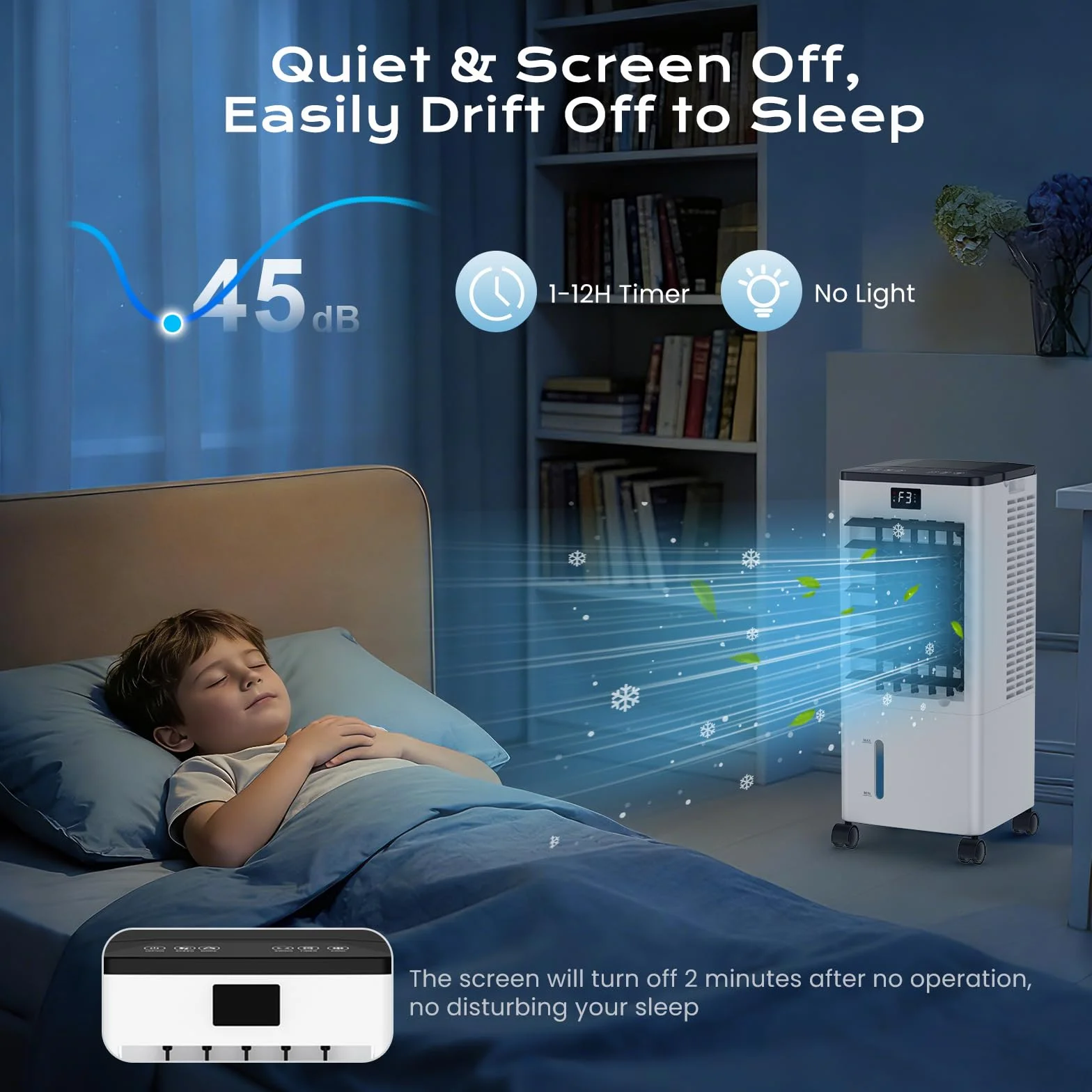 Aire Acondicionado Portátil Silencioso, Enfriador de Aire sin Tubo 4 en 1, 4 Modos 3 Velocidades, 60W Climatizador Evaporativo, Temporizadores de 1-12 H con Control Remoto, 4 Ruedas para Hogar Oficina