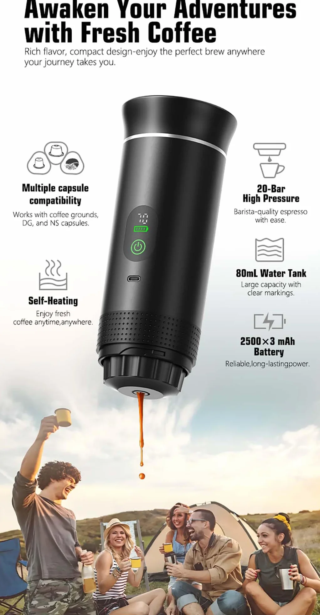 VHV - Cafetera portátil 3 en 1, recargable portátil de viaje, 12 V espresso Machine a Cafe para cápsula, café molido, para camping, viajes, oficina, coche, casa (negro)
