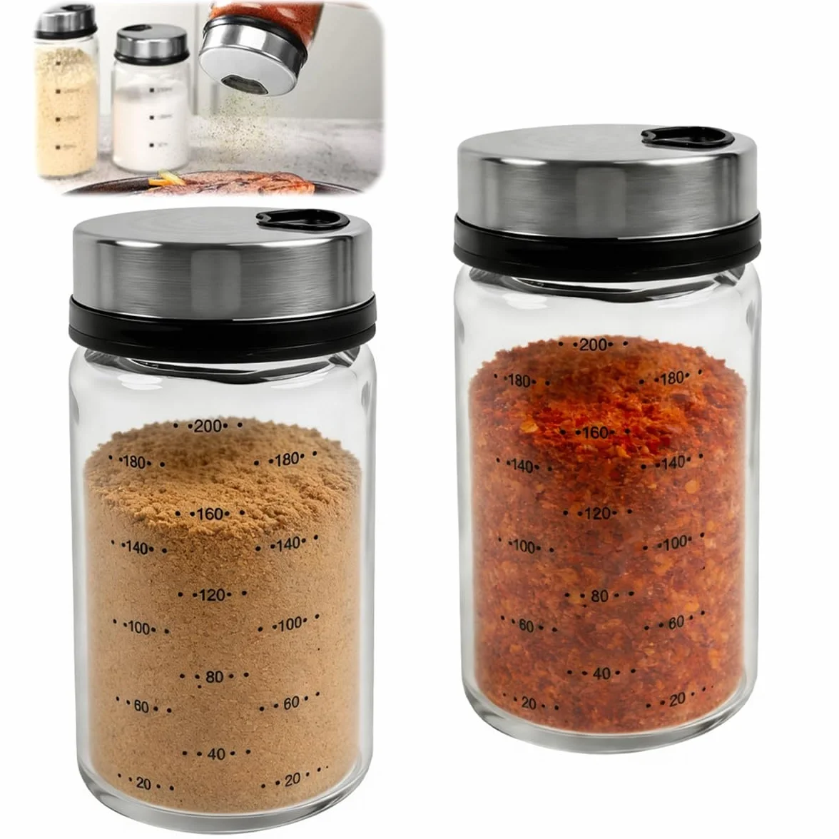 2 Piezas Tarros de Especias con Tapa Giratoria de Acero Inoxidable, 200ml Botes Especias con Tapa Giratoria y 4 Tipos Agujeros Verter Frascos de Especias de Vidrio de Borosilicato