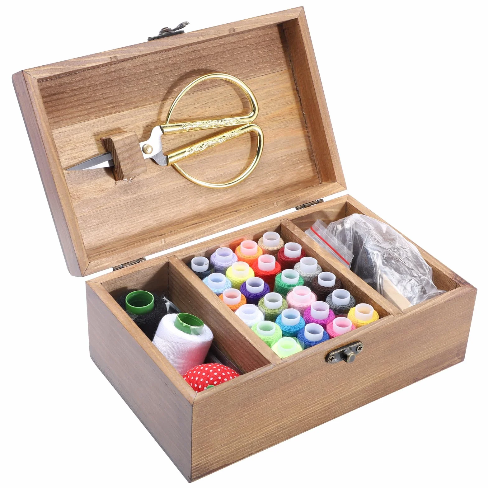 CALLARON Kit de Costura y Tijeras Retro Gran Capacidad de Madera Estuche para Costura Hogar Caja de Almacenamiento Ecológica con Agujas, Hilos Variados para Diy