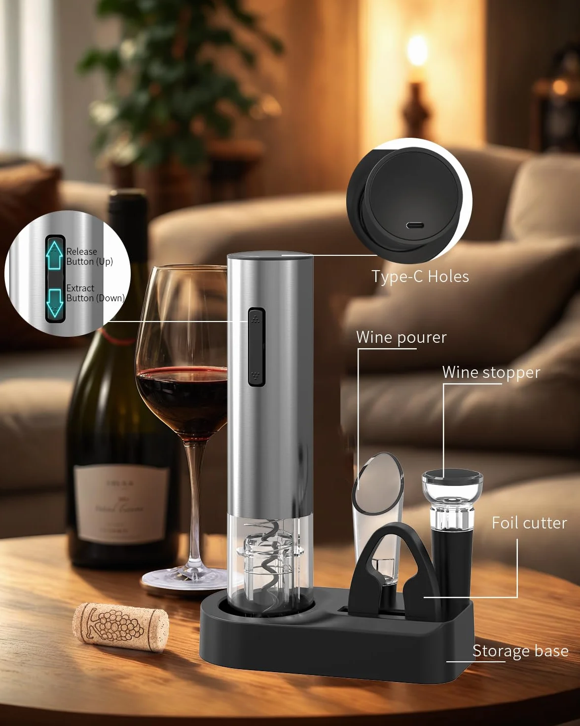 CIRCLE JOY Juego de Abrebotellas Eléctrico 6 en 1 con Sacacorchos recargable y aireador de vino, Tapón de vacío, cortador de papel de aluminio, Sacacorchos Automático para fiestas en el bar de casa