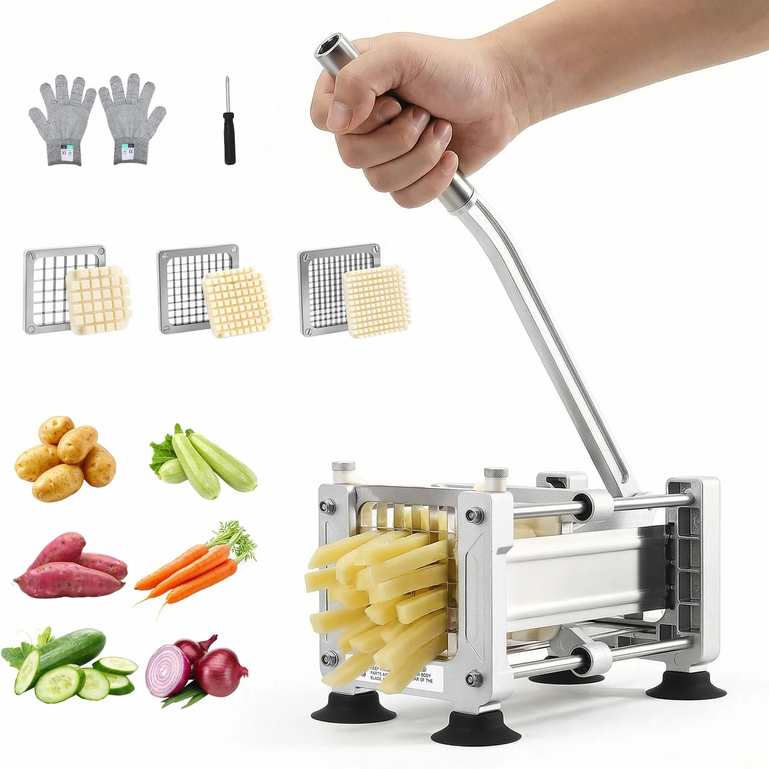 cortador de patatas manual con 1/2",3/8",1/4" cuchilla,profesional cortador patatas fritas equipado 4 ventosa para restaurante casero patatas enteras, zanahorias, pepinos, cebollas