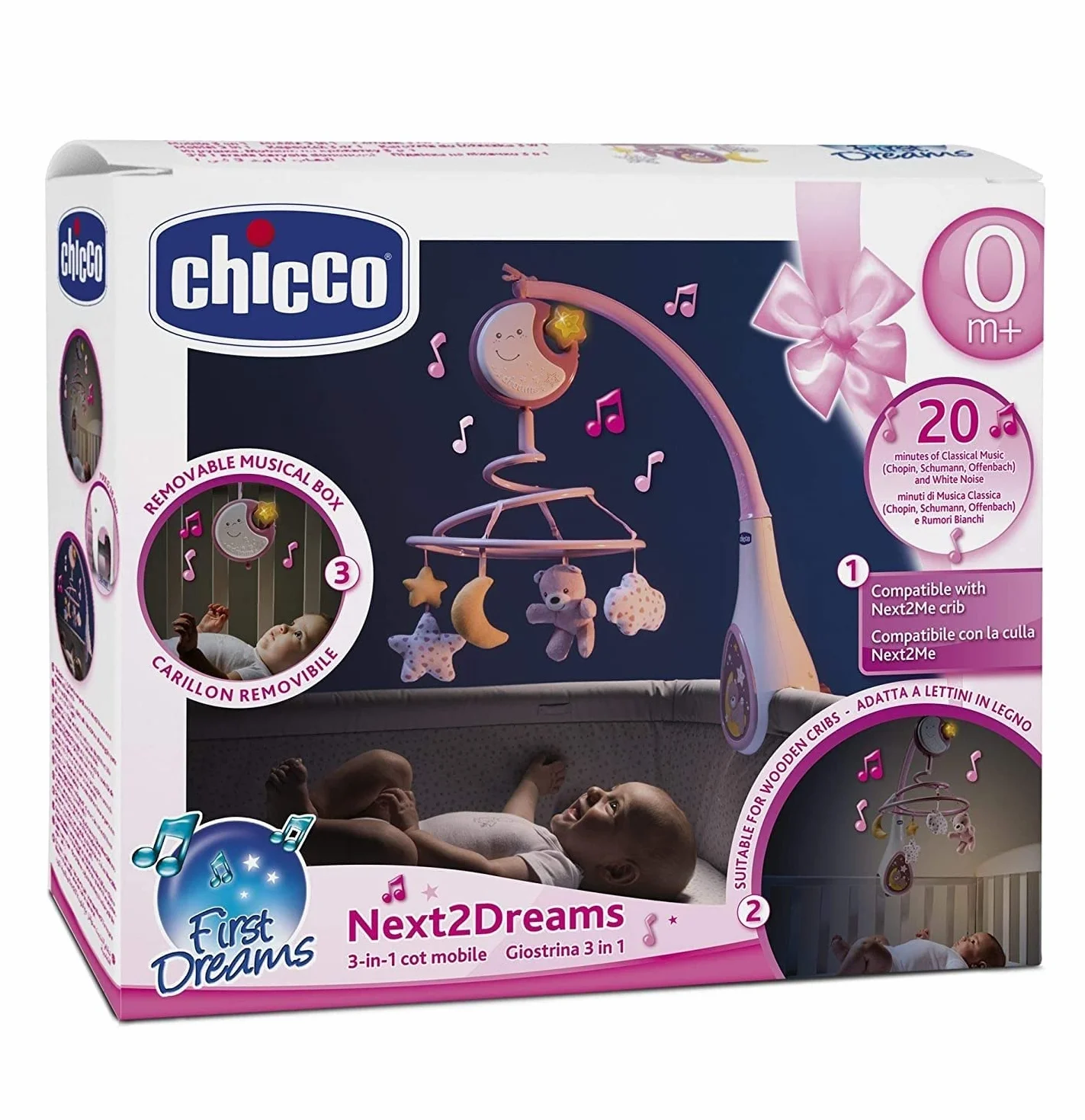 Chicco Next2Dreams Carrusel Móvil Bebé con Luces y Música - 3 en 1 Compatible con la Cuna Next2Me o Minicunas Colecho, Efectos de Sonido, Proyector de Luz Nocturna y Música Clásica 0+ Meses, Rosa