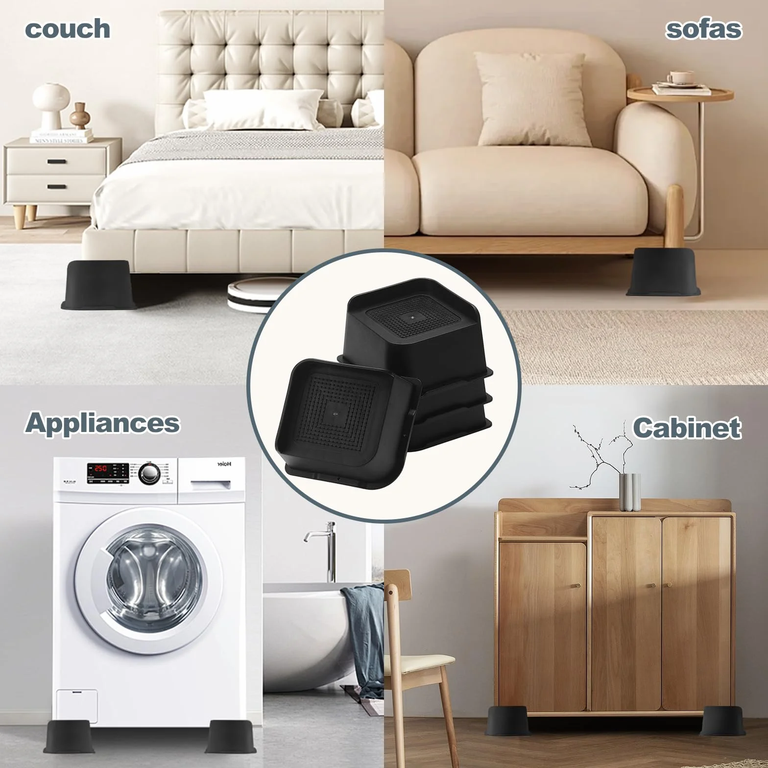 4 elevadores de muebles de plástico negro en forma de L de 3 pulgadas, patas ajustables para cama y mesa con almohadillas antideslizantes