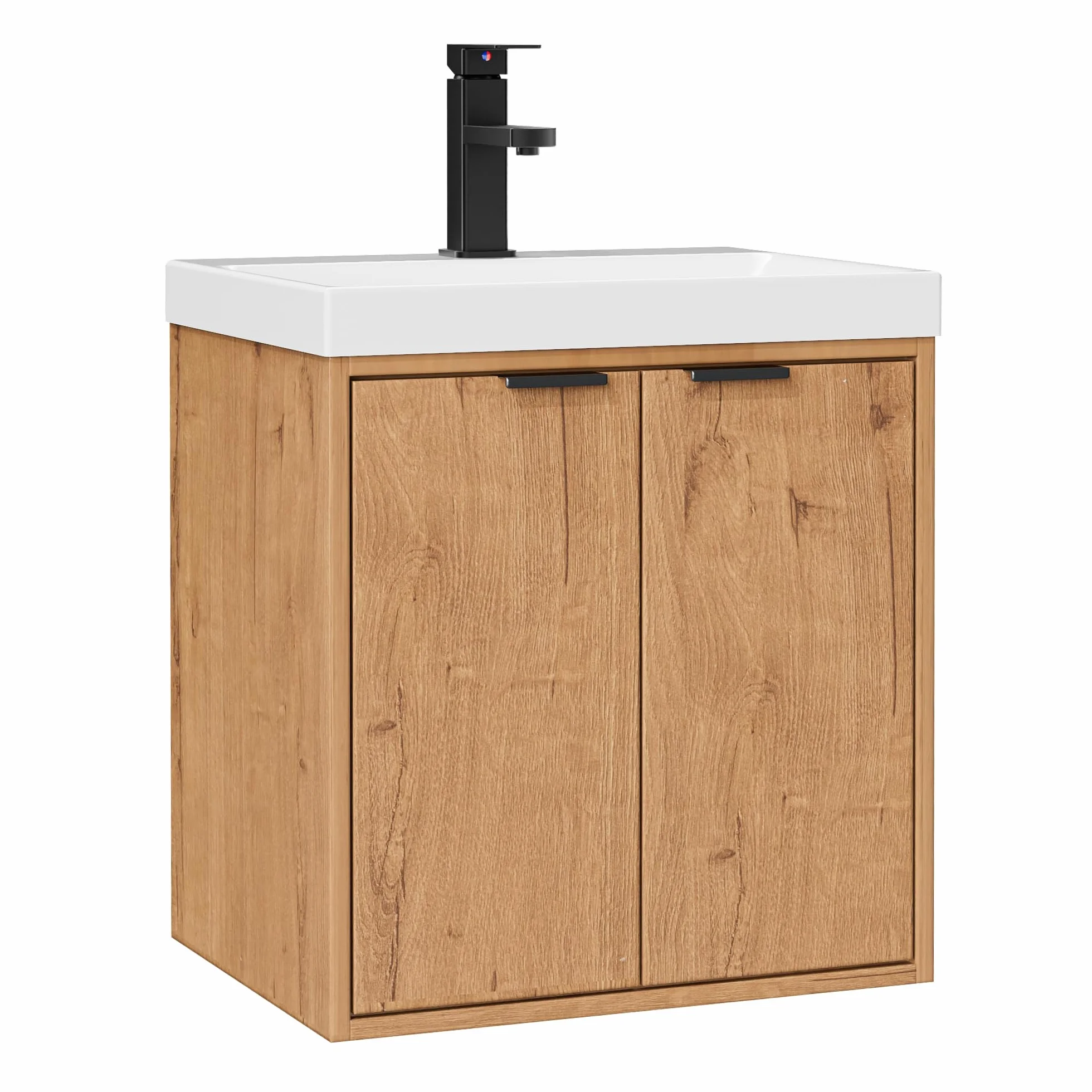 UEV Mueble de Baño con 2 Puertas y Lavabo de Resina, Mueble de Baño Suspendido con Diseño único y Práctico, Conjunto de Muebles con Motivo en Relieve, 49 x 37,5 x 50, Natural