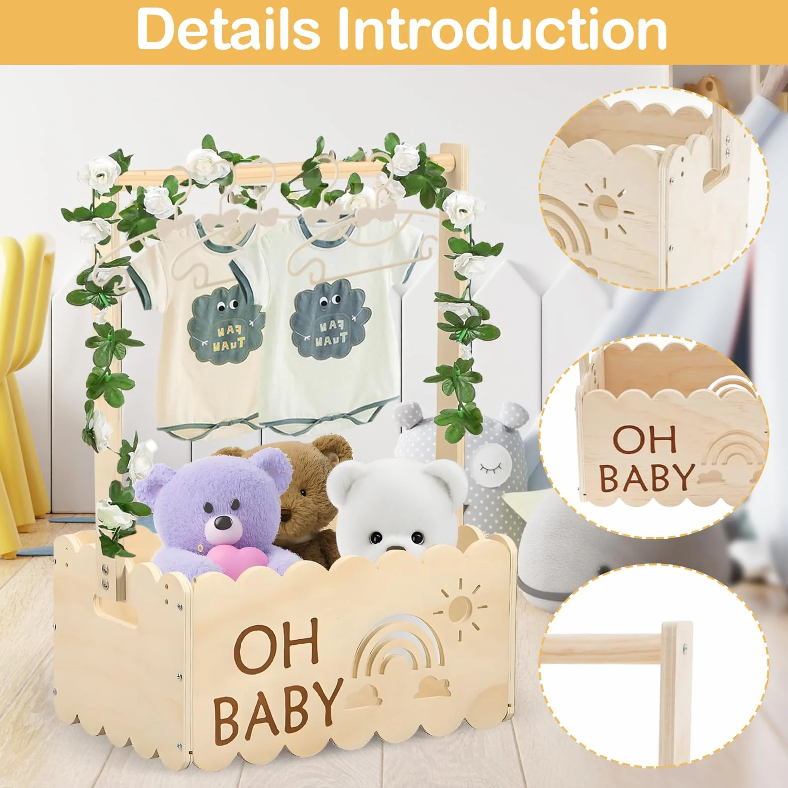 Cesta de Madera para Baby Shower con Rosa y 5 Perchas Regalo Personalizado