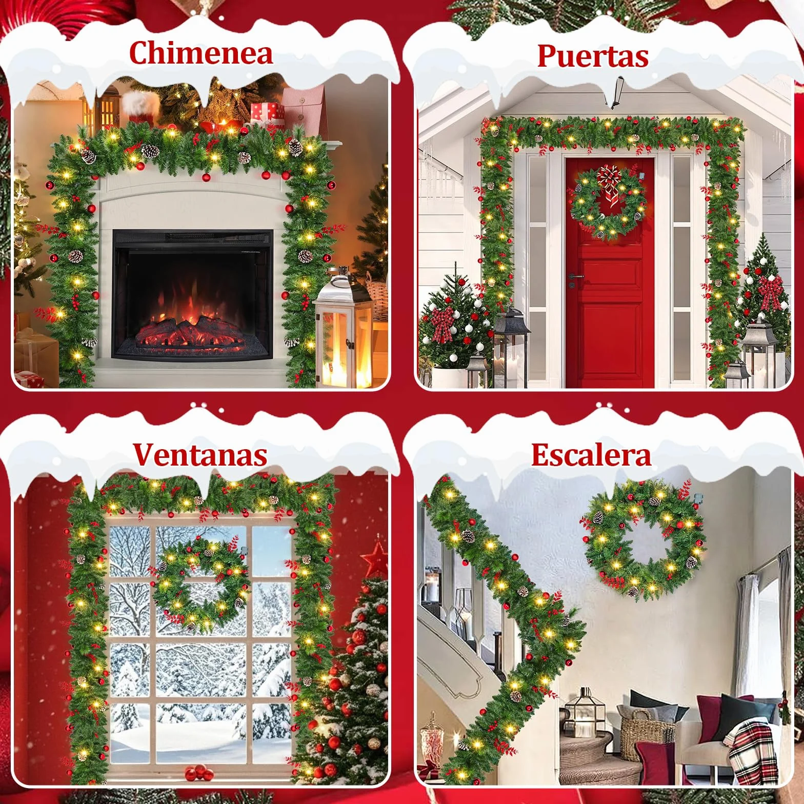 Guirnalda Navideña Artificial Premium 270cm, Guirnalda Navidad con Luces con Temporizador, Decoración Navidad Duradera para Chimeneas, Ventanas, Escaleras, Arco y Fiestas