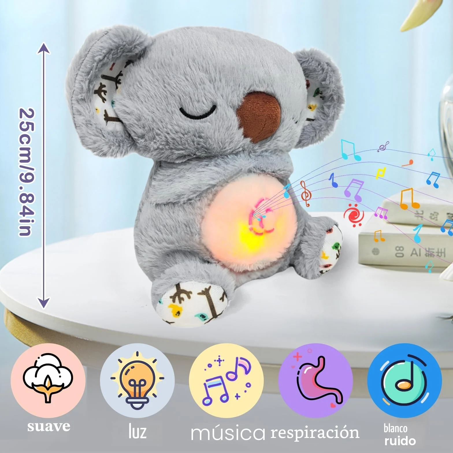 Koala Que Respira Peluche con Música y Luces Nutria Bebé Gris