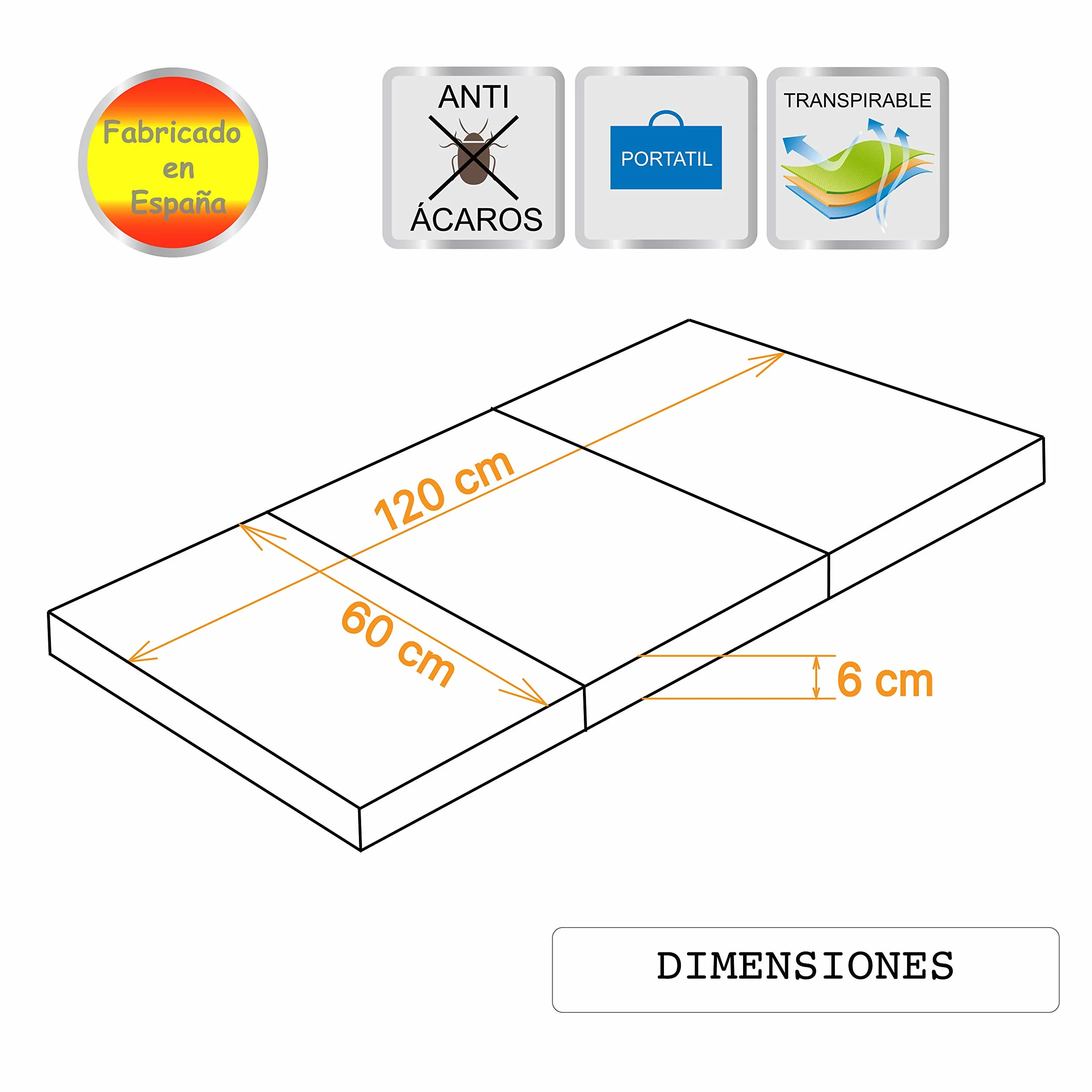 PEKITAS Colchón Cuna De Viaje Plegable 120x60 cm Grosor 6 cm Funda Desmontable Lavable Transpirable Gris Espuma Firme Bebé Fabricado En España