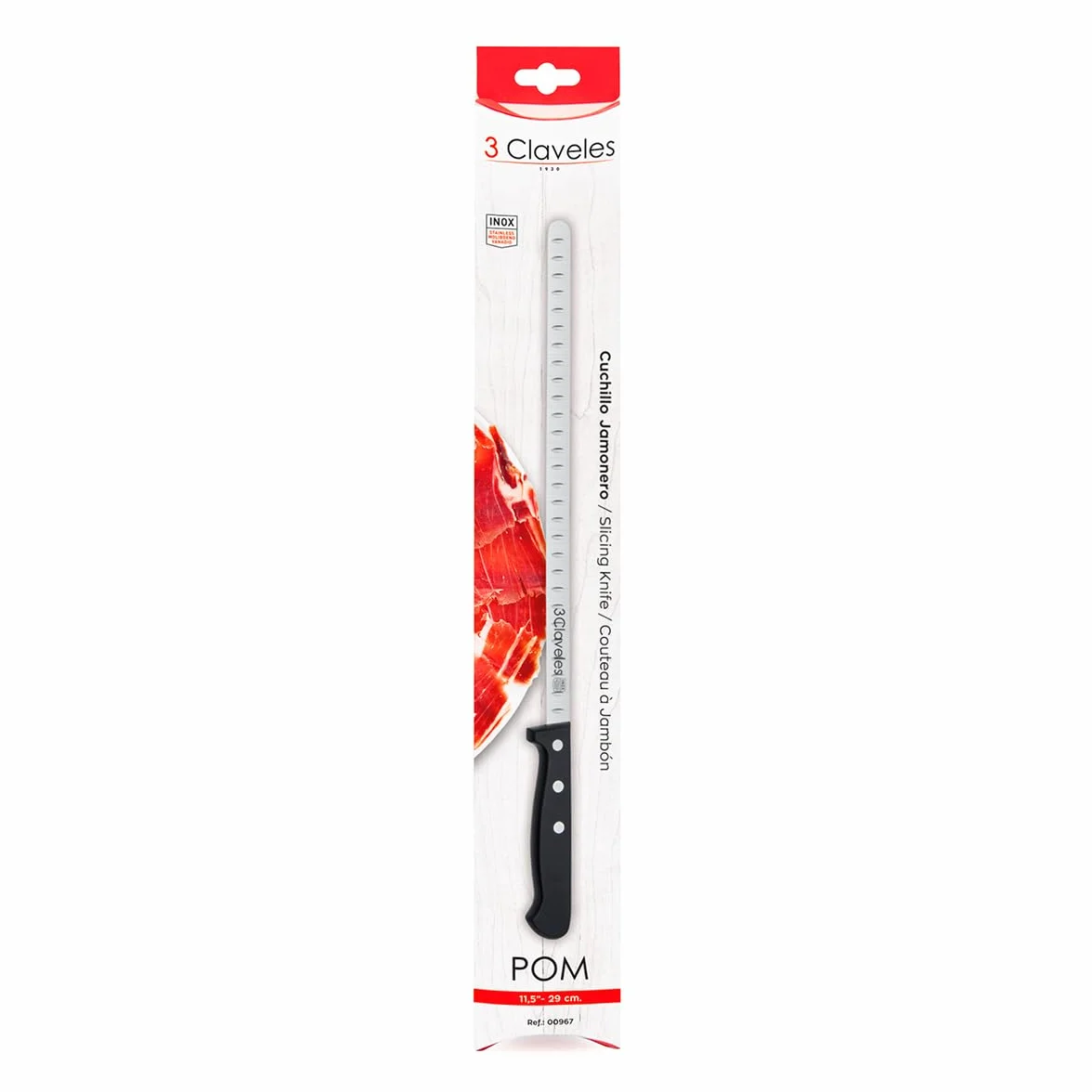 PracticDomus 3 Claveles Cuchillo Jamonero Estrecho, Alveolado, Acero Inoxidable, Mango Pom Negro, 29 cm