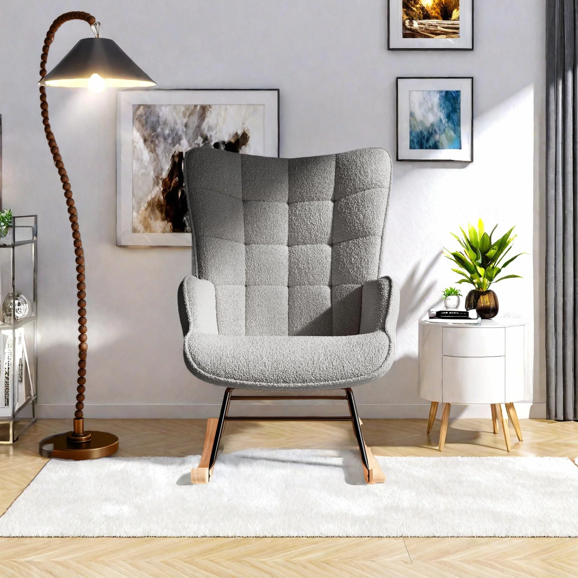 Sillón de lactancia con respaldo alto, mecedora de tela Teddy, gris oscuro