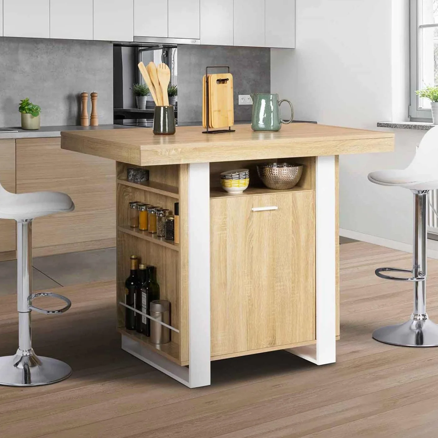 IDMarket - Ilot Central Phoenix 110 cm Madera y Blanco con almacenamiento