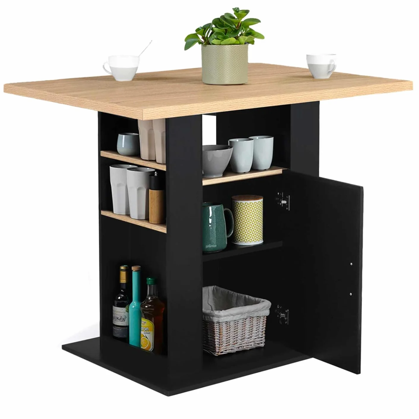 IDMarket – Ilot Central UGO 110 cm madera negra e imitación haya con almacenamiento