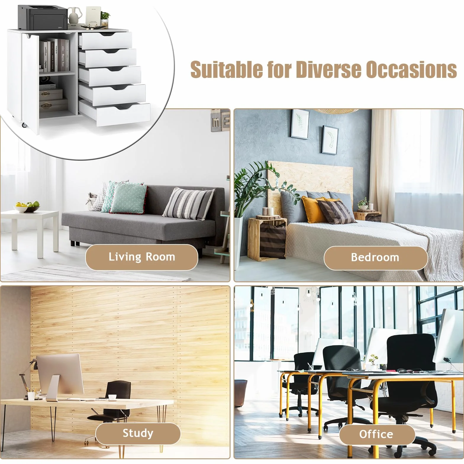 KOMFOTTEU Archivador Móvil con 5 Cajones y Puertas, Armario de Almacenamiento con 5 Ruedas, Cajonera de Madera, Mueble Auxiliar para Oficina, Soporte para Impresora, 79 x 39 x 65 cm, Blanco