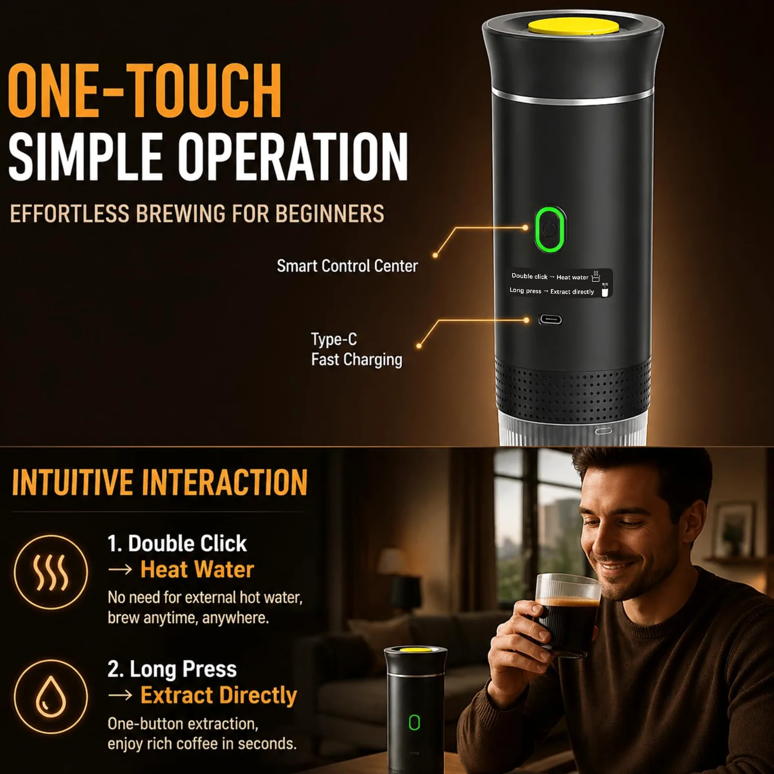 Cafetera Portátil 3 en 1 Eléctrica, Máquina de Café de Viaje 20 Bar con Autocalentamiento, Compatible con Cápsulas y Café Molido, Batería 7500mAh para Camping y Coche
