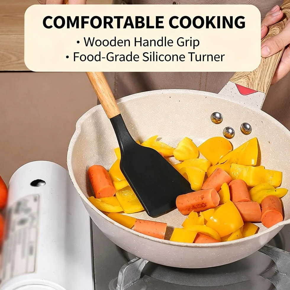Juego De 19 Utensilios De Cocina De Silicona con Cuchillos De Acero Inoxidable Y Soporte De Almacenamiento; Kit De Herramientas De Cocina Antiadherentes con Mangos De Madera Black